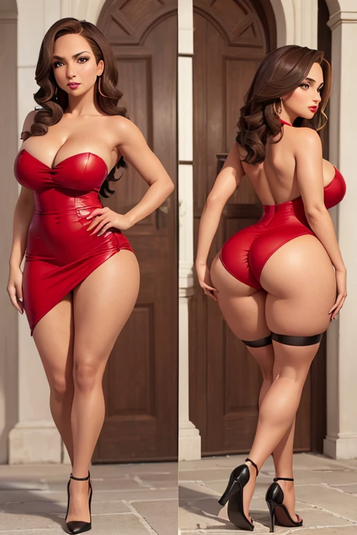 (masterpiece), best quality, expressive eyes, perfect face, (church courtyard background), (walking), (smirk), (closeup view), (back view), (1girl, Jennifer Lopez face, latina, dark skin, tanned skin, tan, black hair, long curly haistyle, brown eyes, hourglass figure, skinny body, large breasts, huge breasts, oppai, wide hips, thick thighs, red mini dress, exposed cleavage, sleeveless, strapless, black stockings, black heels, hoop earrings, red lips),