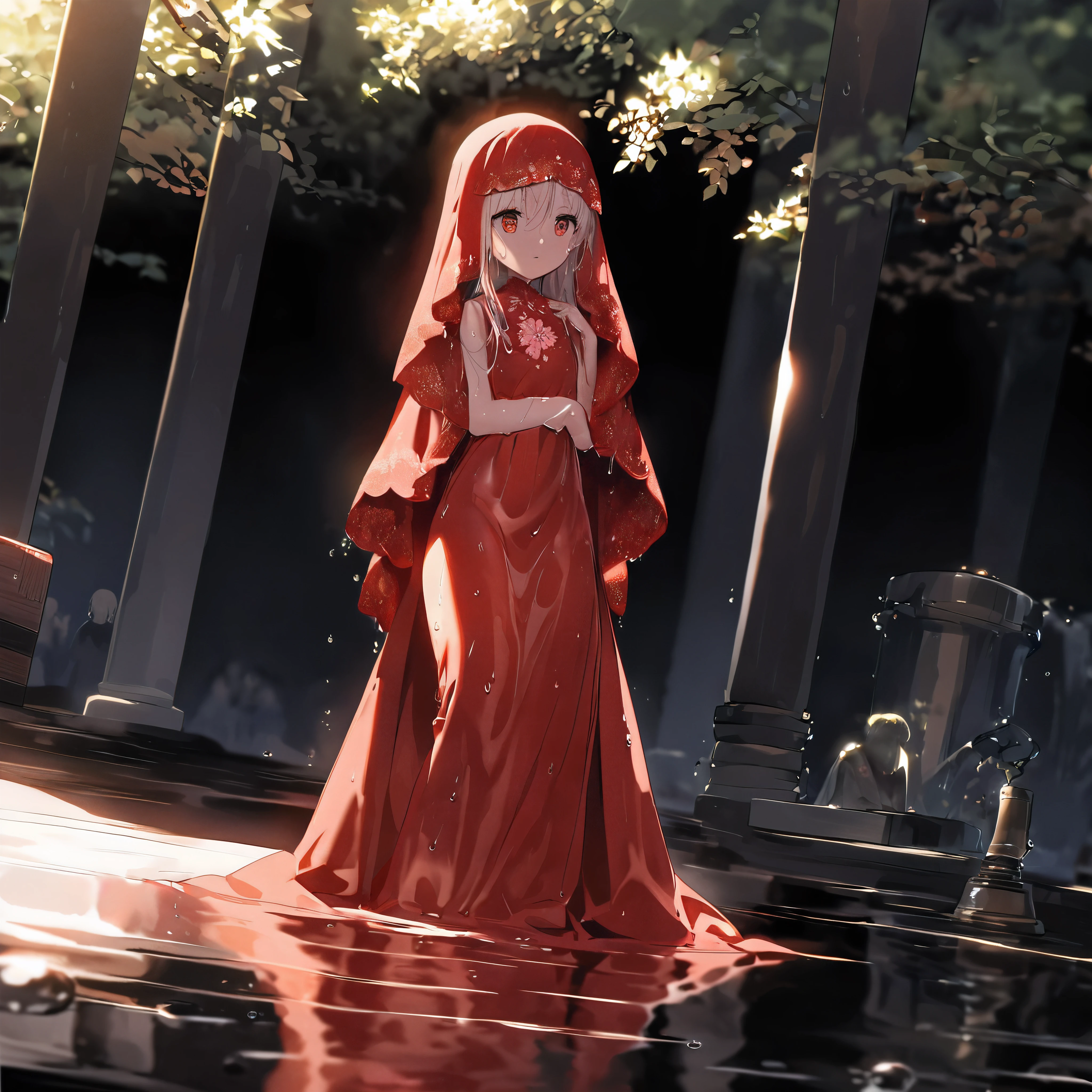 (Dramatic angle), (very young little girl was dressed in a (very large red dress and phoenix red veil), with a red veil over her head, she have a beautiful appearance, her slender and beautiful figure), best wrinkle, best shadow, best light, (wet, wet body, wet hair, wet skin, very wet dress, reflection on the wet dress, delicate blossom embroidery, subtle water droplets:1.15), (water spray:1.1), (best dress wrinkle, Transparent mucus wrapping:1.1),(bare feet), little girl was surrounded and boarded the Seven Treasure Incense Car, slowly driving towards the underworld, The sky became increasingly dim, and the evening breeze blew through the trees, leaving a desolate scene, The sound of festive music in her ears was like a funeral song, and the long road seemed to lead to the underworld