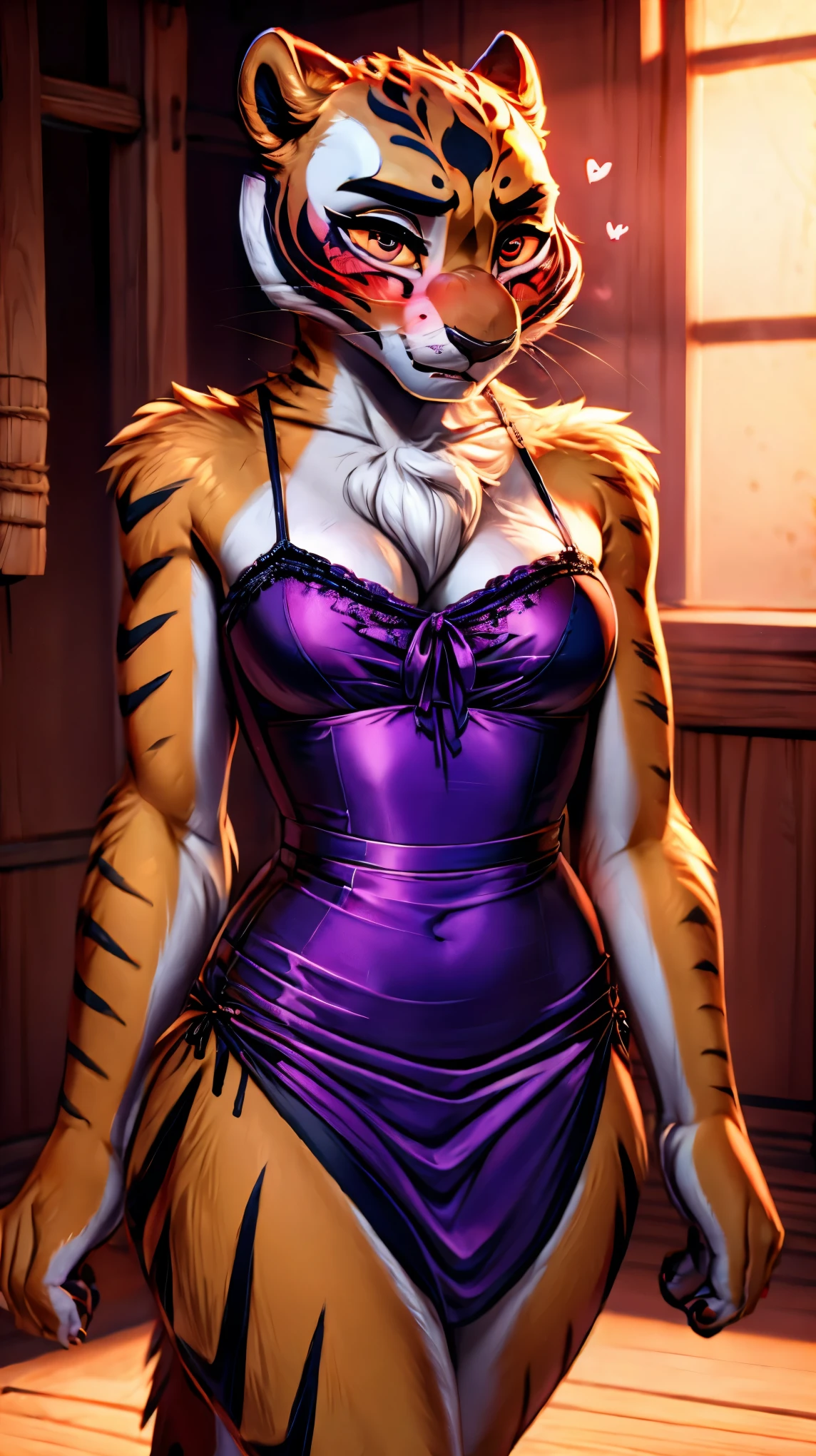 (((Embarrassed face:1.5))),(heart shaped pupils:1.3),((Very detailed eyes:1.5)),(((chemise:1.5))),Ultra HD,Ultra HD,(((blush:1.5))),tigress,((Very realistic:1.5)),((dojo)),furry body,((tiger tail)),(medium breast)