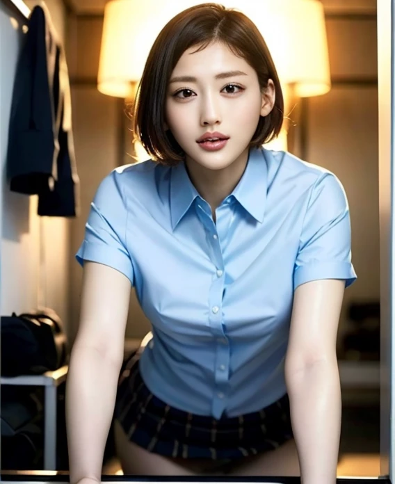 (masterpiece:1.2, highest quality), (Realistic, photoRealistic:1.4), Beautiful illustrations, (Natural Side Lighting, Cinema Lighting), Written boundary depth,
Looking at the audience, (Face Focus, Upper Body), Front view, 1 girl, Japanese, office lady, Age 25, Perfect Face, Symmetrical cute face, Shiny skin,
(Short Bob Hair:1.7,Black Hair), Asymmetrical bangs, Big eyes, Droopy eyes, long eyelashes chest), thin,
Beautiful Hair, Beautiful Face, Beautiful and beautiful eyes, beautiful chain(masterpiece:1.2, highest quality), (Realistic, photoRealistic:1.4), Beautiful illustrations, (Natural Side Lighting, Cinema Lighting), Written boundary depth,
Looking at the audience, (Face Focus, Upper Body), Front view, 1 girl, Japanese, office lady, Age 25, Perfect Face, Symmetrical cute face, Shiny skin,
(Short Bob Hair:1.7,Black Hair), Asymmetrical bangs, Big eyes, Droopy eyes, long eyelashes chest), thin,
Beautiful Hair, Beautiful Face, Beautiful and beautiful eyes, beautiful chain骨, Beautiful body, Beautiful breasts, Beautiful thighs, Beautiful legs, Beautiful fingers,
((High quality fabric, Short-sleeved light blue colored shirt, Navy Pleated Skirt)),
(Beautiful views), evening, (In the office changing room), Are standing, (smile, wonderful, Open your mouth), (From below:1.5),(Poor horizon:1.5, wonderful, Open your mouth), (From below:1.5)