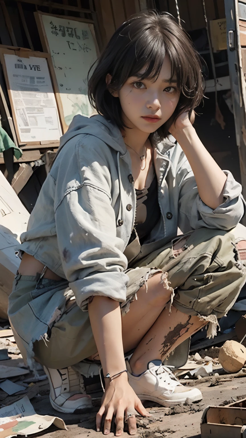 Bobcut,Showing palm with fingers outstretched,20-year-old,(((Homeless))),Bad complexion,Full of trash,Korean women,Pitch black,Tattered clothes,(((The collapsed room))),(((Garbage dump))),Crouching,((( in a destroyed city,Oil,Mud stains,shit,dirty))),(((Frowning,カメラをGlaring))),((((Rubble pile))),After the disaster,Very fine eye, junk,((Inside the barrack tent)),((refuge)),(((He&#39;s wearing a tattered and dirty black hoodie.,Wearing ripped pants))),(((Collapsing Building))),(((Tragic))),((photograph)),(((Fabric Shading))), (((highest quality))), (((masterpiece))) strong girl, ((((Realistic)))),,Black Hair, chic hairstyle, ((With bangs,ストレートミディアムBobcut, nice hair)), Light makeup,Red eyes, (((I&#39;m not wearing lipstick))), (nice, strong), (((Strong night atmosphere))), Centered Images, Looking at the camera, Elegant colors,Realistic Skin,Realistic texture,８k,whole body,Pale skin,Red iris,Expressionless,Glaring,Perfect Face,(((Big eyes))),Holding a blank board