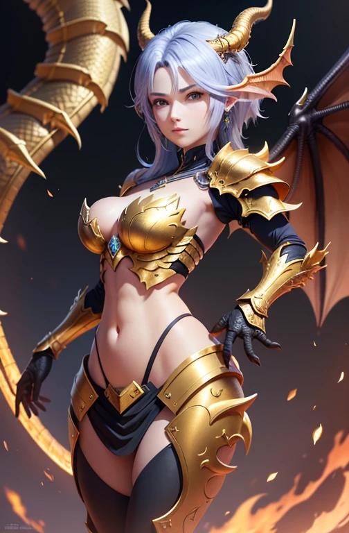 (((DRAGON from FINAL FANTASY))) a dragon with a gold metal body and wings, detailed fantasy art, dragon ancient full plate armor, by Yang J, dragon knight, beautiful biomechanical djinn, highly detailed fantasy art, gold dragoon, high detailed official artwork, 2. 5 d cgi anime fantasy artwork, epic fantasy digital art style, angelic golden armor, detailed fantasy digital art, showing belly, showing collarbone, no arms sleeves