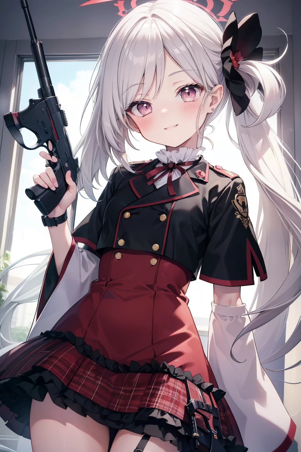 Asahi Mutsuki、Good looking girl (blush, Perfect Face), independent , Looking at the camera, masterpiece, Anime art style, Cute Characters, Most detailed, high quality、Nico Nico Smile、Show your armpits、Silver Hair、side ponytail、Small breasts、Lolita、Combat Uniform、gunを持っている、gun