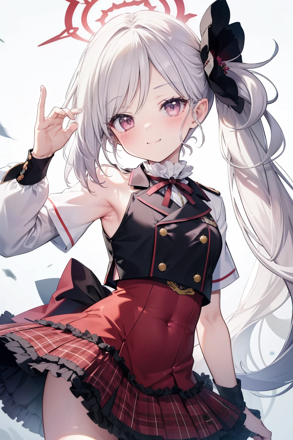 Asahi Mutsuki、Good looking girl (blush, Perfect Face), independent , Looking at the camera, masterpiece, Anime art style, Cute Characters, Most detailed, high quality、Nico Nico Smile、Show your armpits、Silver Hair、side ponytail、Small breasts、Lolita、Combat Uniform、gunを持っている、gun