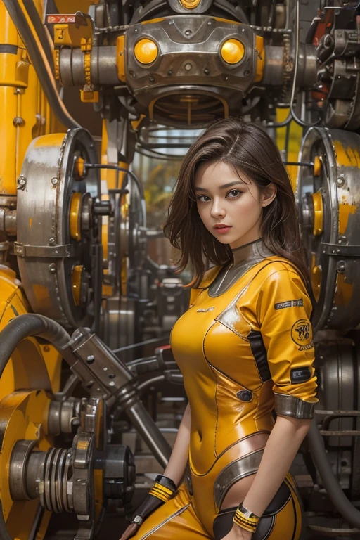 Realistic picture 8k,Masterpiece,Young woman in cyber robot machine costume,The color of old machinery is rusty yellow./red,Staring at me.,sexy poses,