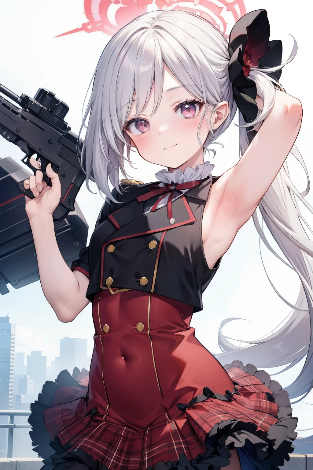 Asahi Mutsuki、Good looking girl (blush, Perfect Face), independent , Looking at the camera, masterpiece, Anime art style, Cute Characters, Most detailed, high quality、Nico Nico Smile、Show your armpits、Silver Hair、side ponytail、Small breasts、Lolita、Combat Uniform、gunを持っている、gun