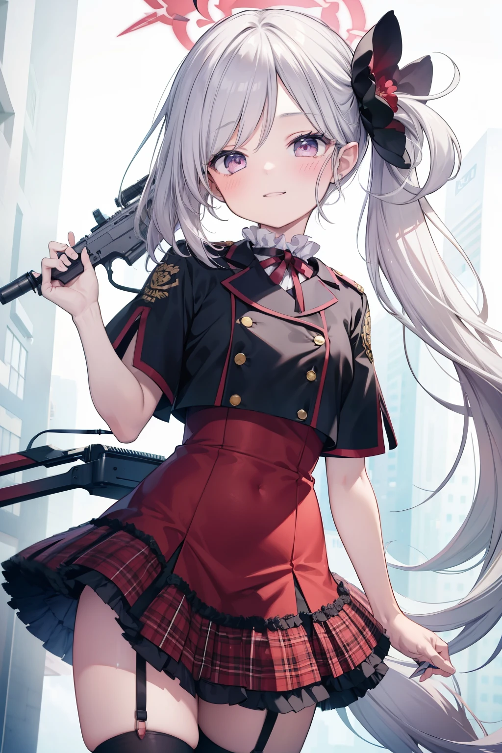 Asahi Mutsuki、Good looking girl (blush, Perfect Face), independent , Looking at the camera, masterpiece, Anime art style, Cute Characters, Most detailed, high quality、Nico Nico Smile、Show your armpits、Silver Hair、side ponytail、Small breasts、****ta、Combat Uniform、gunを持っている、gun