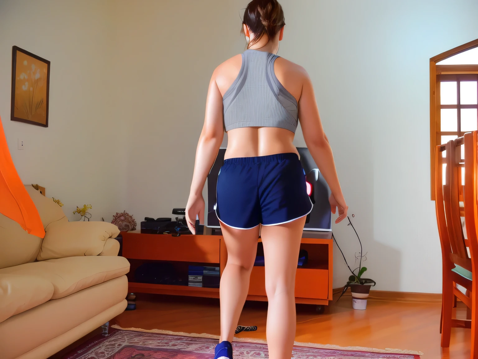 A beautiful light brunette woman, black hair, with a Wii remote control in a living room, sports bra and dark blue shorts, in shorts, filmed from the back, long shot of the back, filmed from the back, seen from the back, view from back, photo from behind, rear view, general shot of back, sports bra and shorts, rear view!!, rear photo. (ultra quality masterpiece) with toned body, 35 years old, 1.62 tall, 60 kg, best quality, perfect face, perfect mouth, perfect hands, (((black hair))), is standing, ( full body) wearing a tank top (((gray top)) )), dark blue short shorts (((short dark blue shorts)))), dark brown hair, dark blue short shorts for gym training, tanned body, pose sexy, shapely legs, well defined, high contrast, Ultra HD, high contrast, 16K. photorealistic, detailed and realistic hands, 5 fingers per hand, alone, dark hair, green thong bikini, full body photo, clear and high quality photo. Beautiful woman, extremely sexy, very sensual. Masterpiece: 1.3, high resolution, (photographically realistic), 8k, NUDE, NUDITY, NFSW.