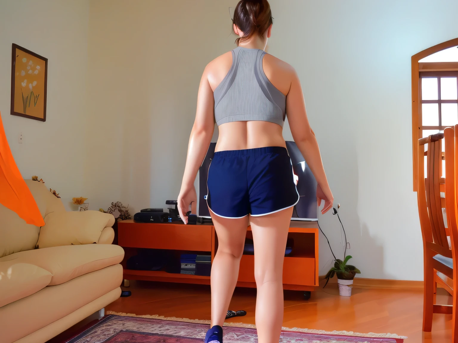 A beautiful light brunette woman, black hair, with a Wii remote control in a living room, sports bra and dark blue shorts, in shorts, filmed from the back, long shot of the back, filmed from the back, seen from the back, view from back, photo from behind, rear view, general shot of back, sports bra and shorts, rear view!!, rear photo. (ultra quality masterpiece) with toned body, 35 years old, 1.62 tall, 60 kg, best quality, perfect face, perfect mouth, perfect hands, (((black hair))), is standing, ( full body) wearing a tank top (((gray top)) )), dark blue short shorts (((short dark blue shorts)))), dark brown hair, dark blue short shorts for gym training, tanned body, pose sexy, shapely legs, well defined, high contrast, Ultra HD, high contrast, 16K. photorealistic, detailed and realistic hands, 5 fingers per hand, alone, dark hair, green thong bikini, full body photo, clear and high quality photo. Beautiful woman, extremely sexy, very sensual. Masterpiece: 1.3, high resolution, (photographically realistic), 8k, NUDE, NUDITY, NFSW.