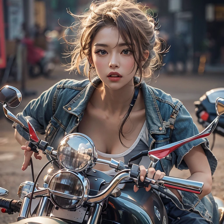 (Riding a motorcycle:1.37), (I ride a Yamaha SR400:1.37), (Accurate depiction of the motorcycle:1.37),Running in the desert、Hair flows、 ((highest quality、masterpiece、8k、best image quality、ultra high resolution、Award-winning work)、(close-up of woman&#39;s face:1.35)、(close-up of naked face:1.3)、(accurate anatomy:1.1)、(look at me and smile:1.1)、Shining fair skin with ultra high resolution、most detailed face、ultra high resolution detailed face、ultra high resolutionの髪の毛、(ultra high resolutionの煌めく瞳:1.1)、Beautiful face drawn in every detail、(blurred background:1.1)、wear jeans pants, rider jacket, chest together, tattoo 