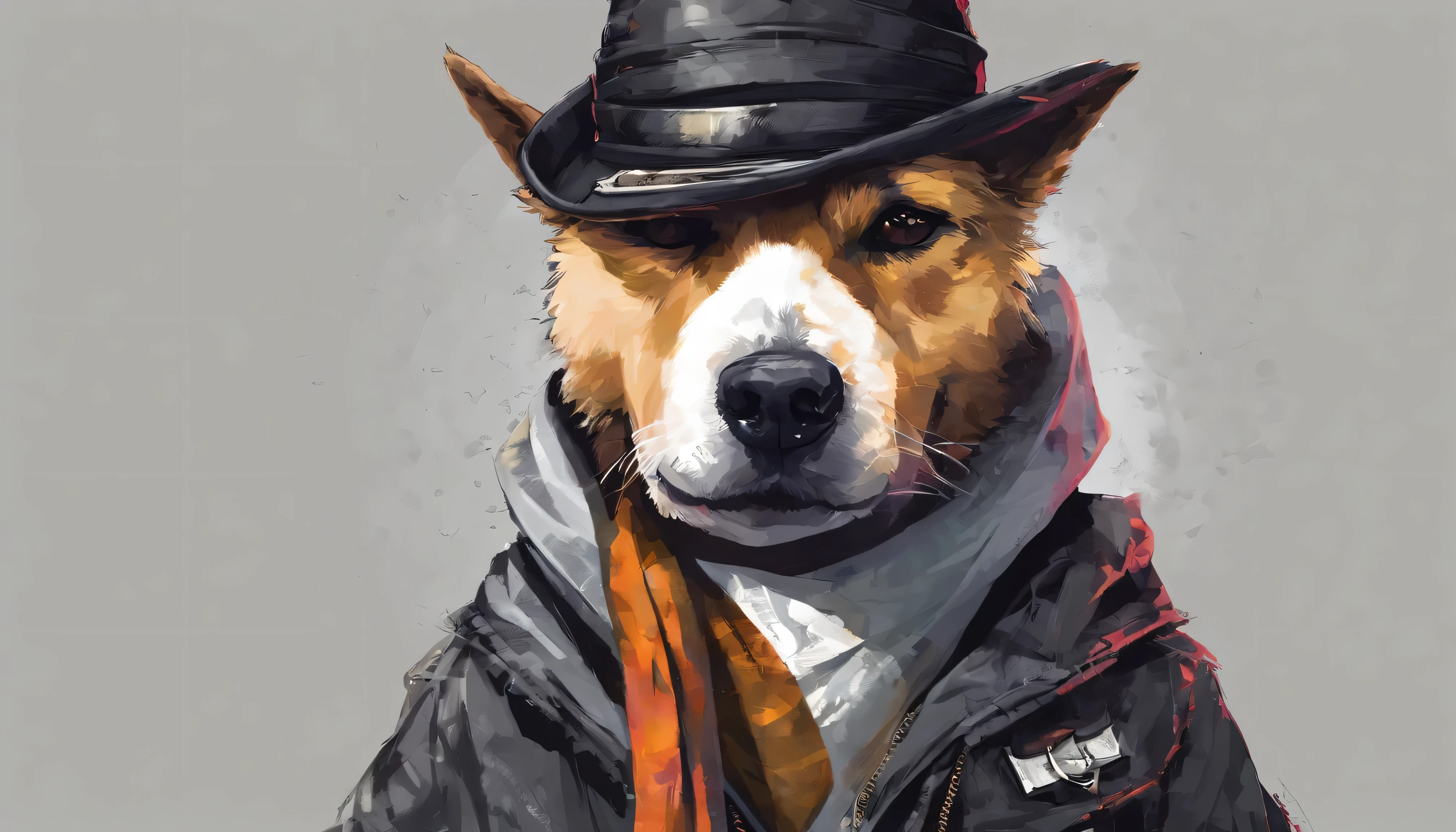 picture of a single dog in a hat and scarf, art station trend, dressed in punk clothes, hyper realistic detailed rendering, british gang member, urban style, intimidating pose, fashion clothes, urban samurai, west slavic traits,