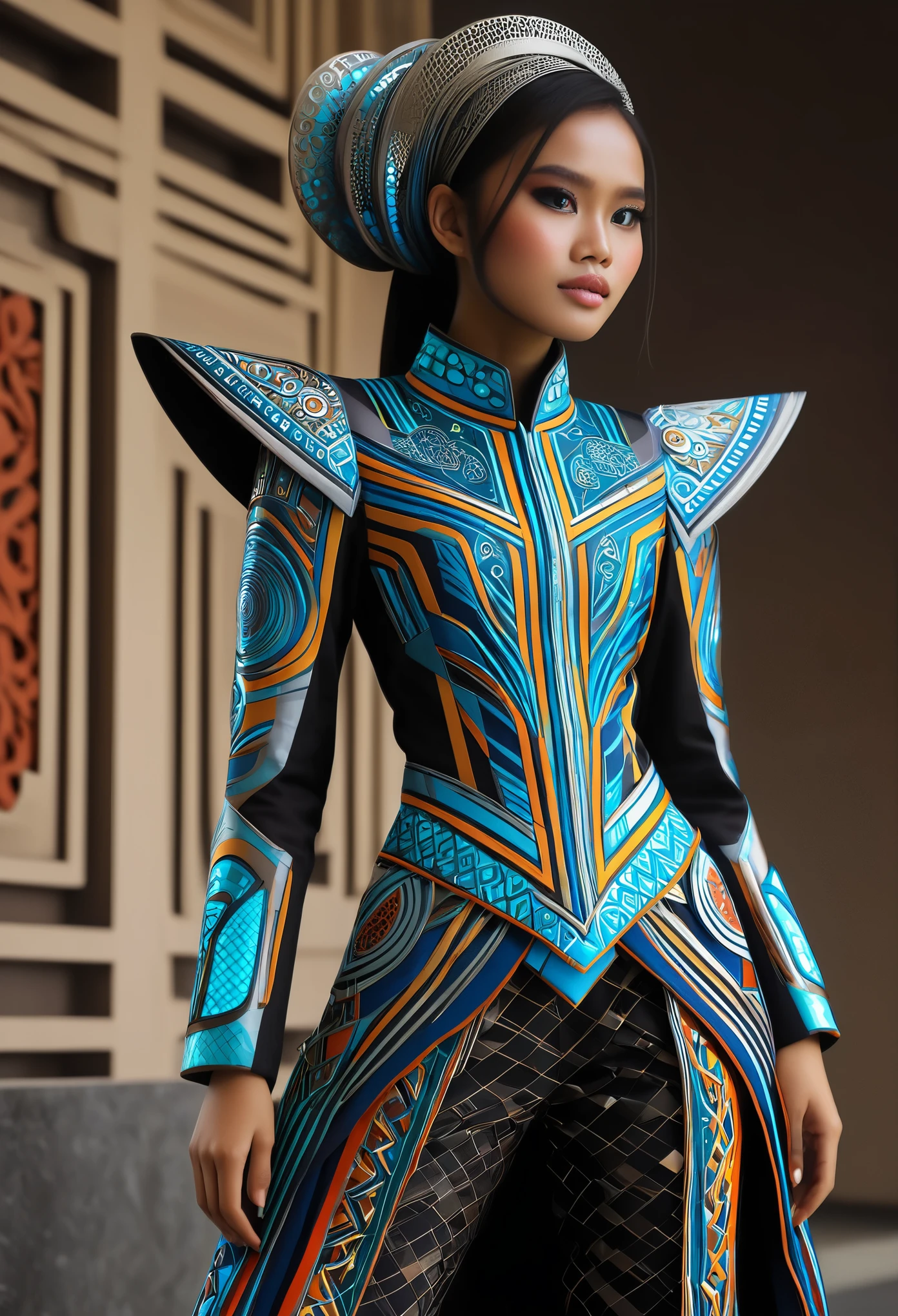 An Indonesian-styled futuristic suit worn by a girl depicting cultural fusion and modern fashion. The suit is adorned with intricate patterns and vibrant colors, showcasing the rich heritage of Indonesia. The girl stands confidently in a dynamic pose, with her detailed eyes reflecting determination and curiosity. The suit's material is a combination of traditional textiles and futuristic synthetic fabrics, giving it a unique and avant-garde appearance. The overall image quality is of the highest standard, with sharp focus and ultra-detailed rendering. The artwork employs physically-based rendering techniques, resulting in realistic lighting and shadows. The colors are vivid and vibrant, capturing the essence of Indonesian cultural aesthetics. The background features a fusion of modern architecture and traditional elements, creating a harmonious blend of the past and the future. The prompt explores the intersection of Indonesian culture, futuristic design, and the artistic representation of a confident girl