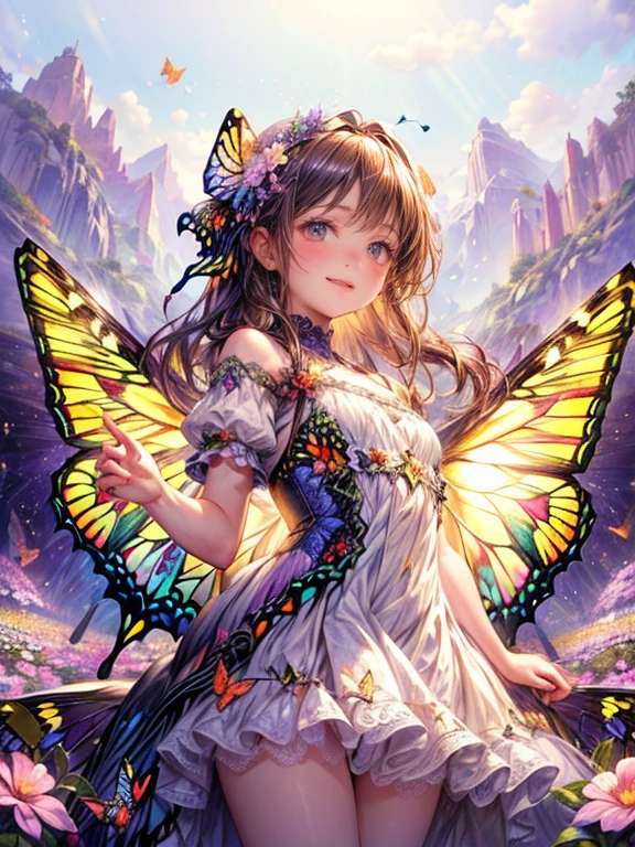 masterpiece:1.2, 8k, highres, ultra-detailed,  (beautiful cute girl), (butterfly ornament), (butterfly dress), (butterfly wings:1.2), ((many butterflies)), ((many flowers)), ((bright landscape)), (beautiful world), (fantasy world), gently smile, sparkling eyes, shining lips, Soaring pose