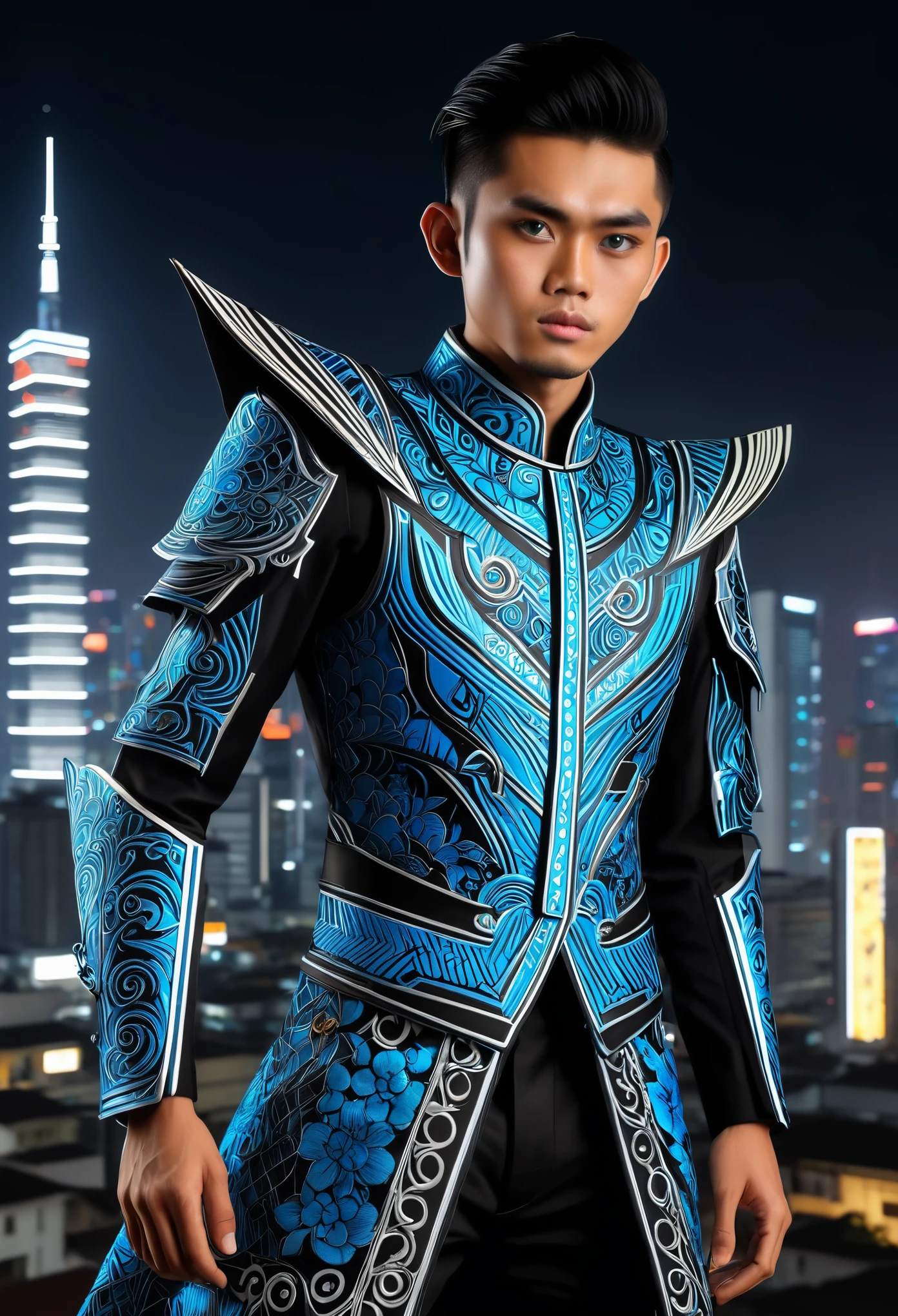 (high quality), (masterpiece), (detailed), 8K, Hyper-realistic illustration depicts (Japanese boy1.3) with striking (vibrant blue eyes1.2) and (jet-black hair1.2) styled in a trendy (undercut1.2), dressed in a fusion of (traditional Indonesian batik1.2) and (futuristic armor1.2) adorned with (intricate Wayang shadow puppet motifs1.2) and (glowing neon accents1.2). He stands in a (modern Jakarta cityscape1.2) with (neon-lit skyscrapers1.2) and (holographic advertisements1.2) surrounding him, exuding a sense of (cutting-edge technology1.2) and (cultural fusion1.2). In the style of Ario Anindito, trending on Artstation.