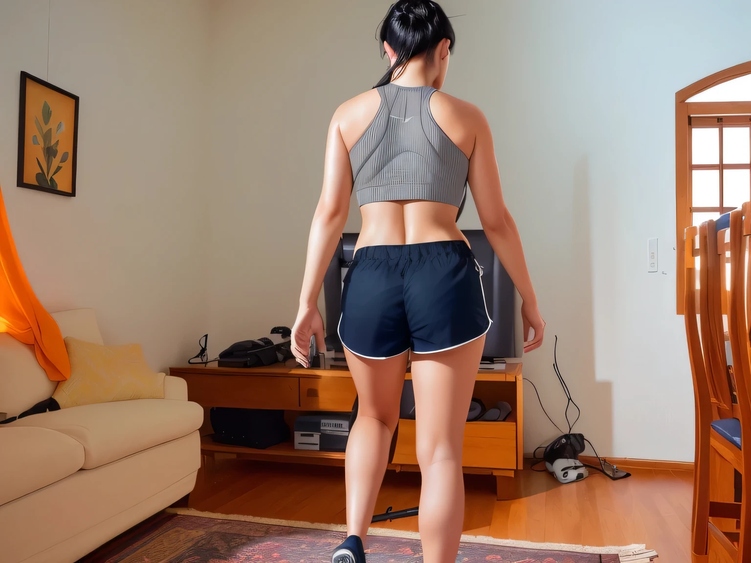 A beautiful light brunette woman, black hair, with a Wii remote control in a living room, sports bra and dark blue shorts, in shorts, filmed from the back, long shot of the back, filmed from the back, seen from the back, view from back, photo from behind, rear view, general shot of back, sports bra and shorts, rear view!!, rear photo. (ultra quality masterpiece) with toned body, 35 years old, 1.62 tall, 60 kg, best quality, perfect face, perfect mouth, perfect hands, (((black hair))), is standing, ( full body) wearing a tank top (((gray top)) )), dark blue short shorts (((short dark blue shorts)))), dark brown hair, dark blue short shorts for gym training, tanned body, pose sexy, shapely legs, well defined, high contrast, Ultra HD, high contrast, 16K. photorealistic, detailed and realistic hands, 5 fingers per hand, alone, dark hair, green thong bikini, full body photo, clear and high quality photo. Beautiful woman, extremely sexy, very sensual. Masterpiece: 1.3, high resolution, (photographically realistic), 8k, NUDE, NUDITY, NFSW.