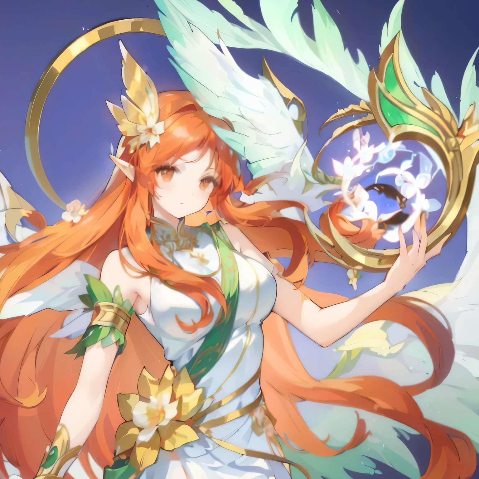 A woman with long red hair holds a mirror and a bird, mystical atlantean valkyrie, Beautiful Celestial Mage, Beautiful young wind elf, Goddess of Light, Spring Goddess, Summer Goddess, Celestial Fairy, Goddess of Nature, Portrait of zodiac girl knight, heise jinyao, the Summer Goddess, Mysterious Valkyrie, Fire Butterfly Goddess