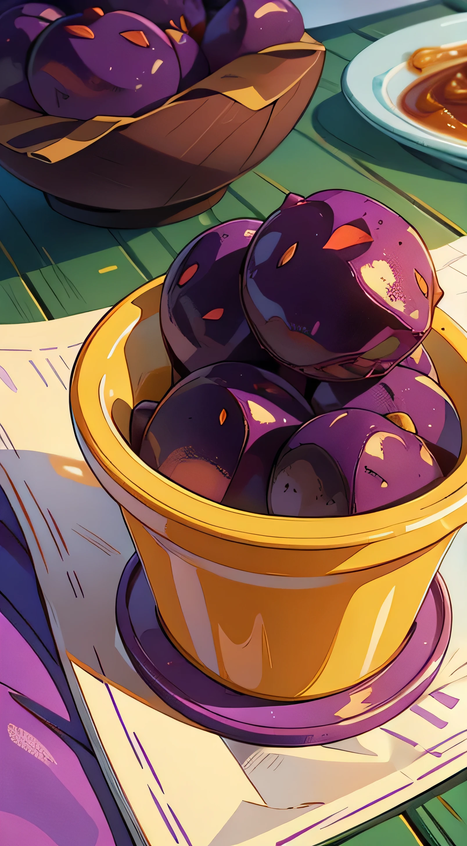Illustrate a Sweet purple potato nugget fried delicious food, which has just been removed from the oil