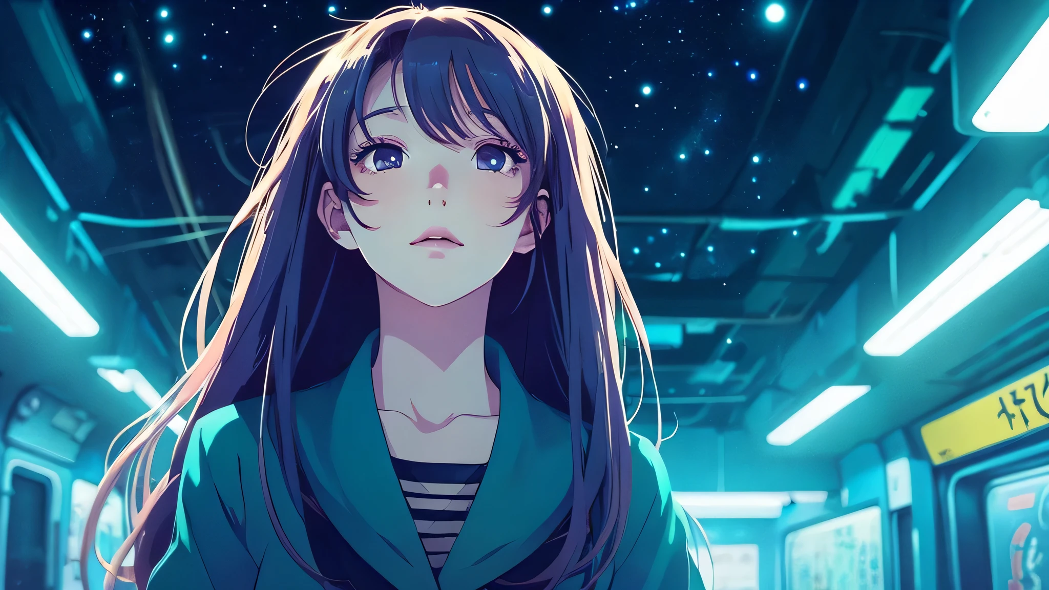A pretty anime-like woman looking sadly up at the night sky in a futuristic underground、In the style of illustrations