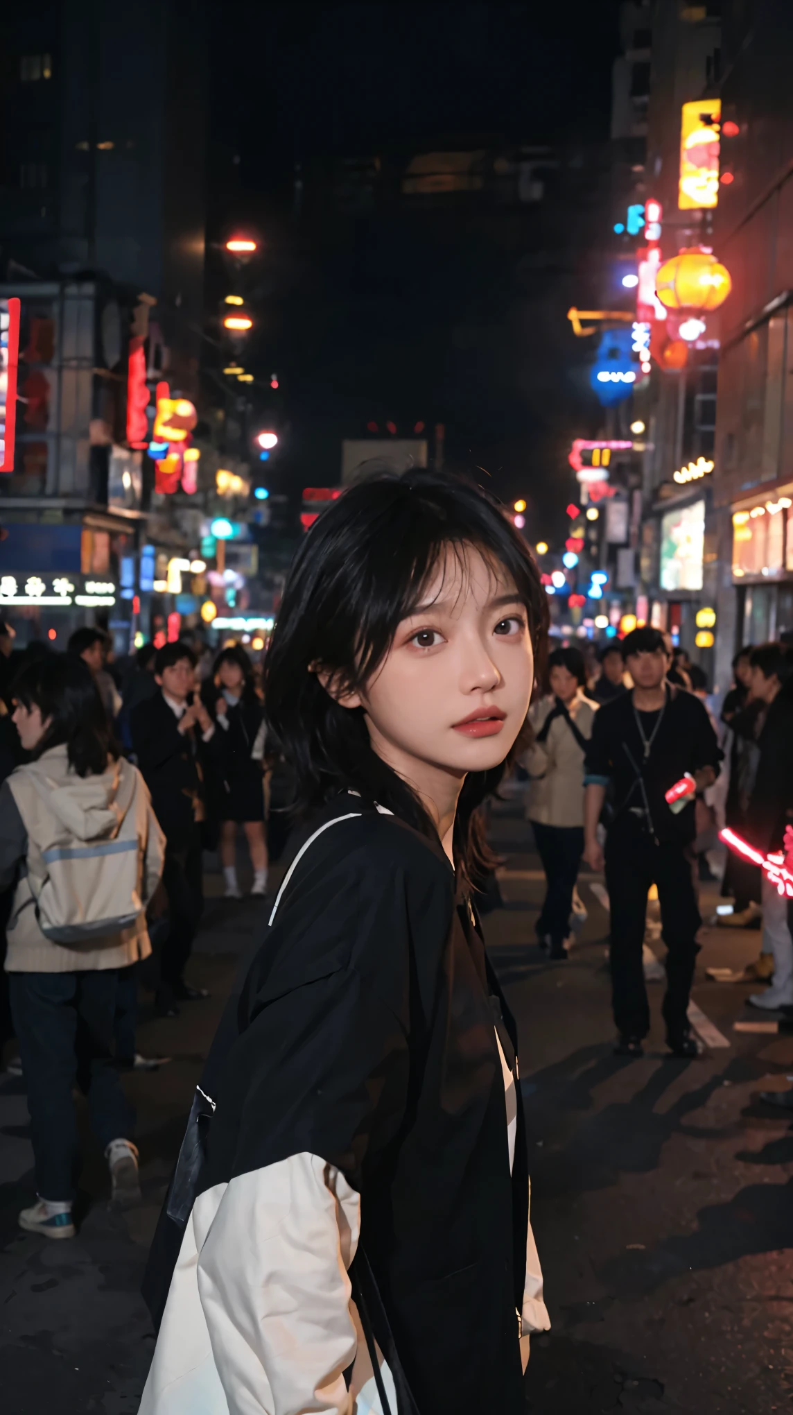 (8k, highest quality, masterpiece: 1.4), Super detailed, highest quality, Ultra-high resolution, Depth of written boundary,Ultra-Realistic Capture,(Very detailed,High definition 16K), Realistic eyes, Beautiful fine details, (Realistic Skin), Golden Ratio, Delicate eyes, cute, girl, short hair, Pink Hair, Standing in the middle of the city, (Night lights:1.4), skyscraper, Face Light(illumination), In the heart of the city, Bustling, A glittering city, Neon Town, China Street, In the crowd, Miyuki, Heavenly Light