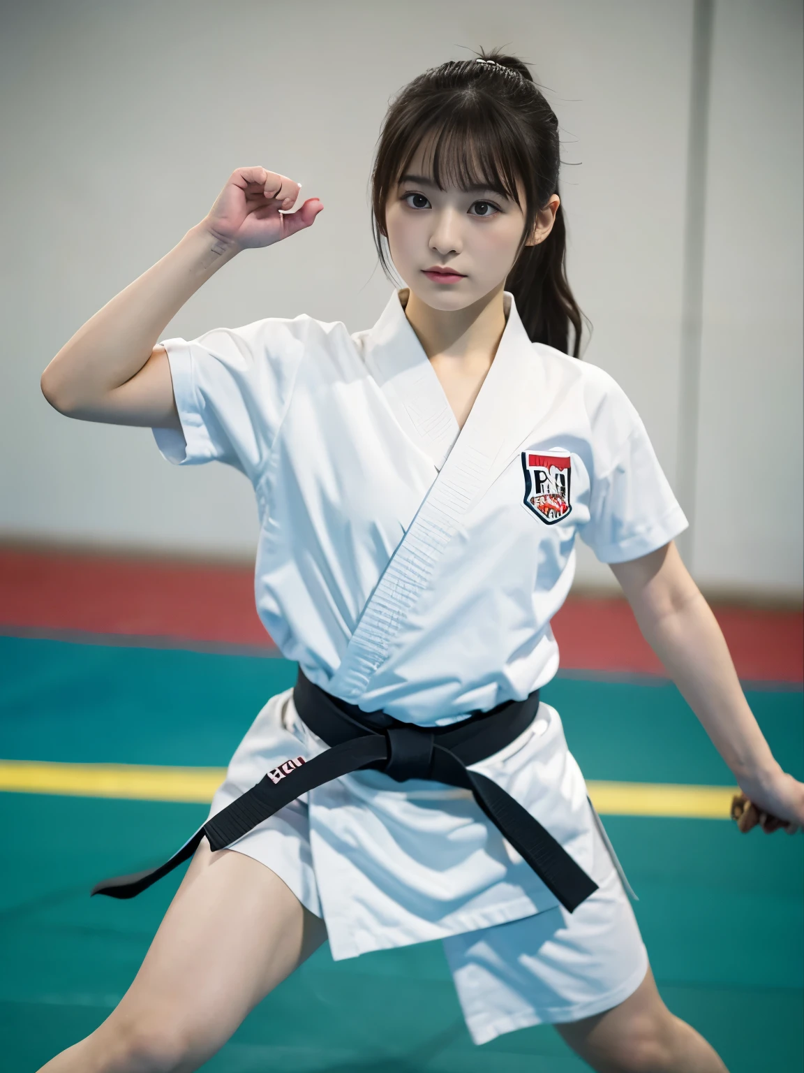 Best image quality,highest quality,masterpiece,4K,8k,highest quality,女性karate,in a karate道場 ring, Chudan Gyakutsu pose, karate, Young Japanese Woman, Japanese Girls,karateのUniform,Black belt,karate大会、whole body、Big Breasts、Uniform