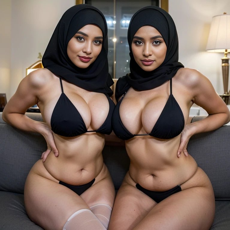 In a bold and empowering scene, two confident (hijabi) (muslim) moms with mesmerizing hourglass figures sit side by side on a luxurious sofa. Both women radiate self-assurance as they flaunt their lust-satisfying body figures. Wearing daring bikinis, their curves are celebrated and admired. With stockings adding an extra touch of allure, they confidently showcase their sensuality. Their full makeup, including striking red lips, enhances their already captivating presence. This scene prompts us to embrace our bodies, celebrating our unique beauty and inherent sensuality. It encourages self-confidence and the unapologetic expression of our desires, proving that all body types can be undeniably attractive and satisfying.

she is looking at viewer, skin texture, ultra high res, RAW, instagram LUT, masterpiece, best quality, ultra-detailed, ultra high resolution, RAW, 4k, (looking at viewer), extremely detailed eyes and face, ((beautiful detailed nose)), ((beautiful detailed thigh)), ((beautiful detailed eyes)), perfect body proportion,  (looking at the camera), (hijabs) (SFW:1.5), (five fingers), detailed fingers,  slightly fat, smile