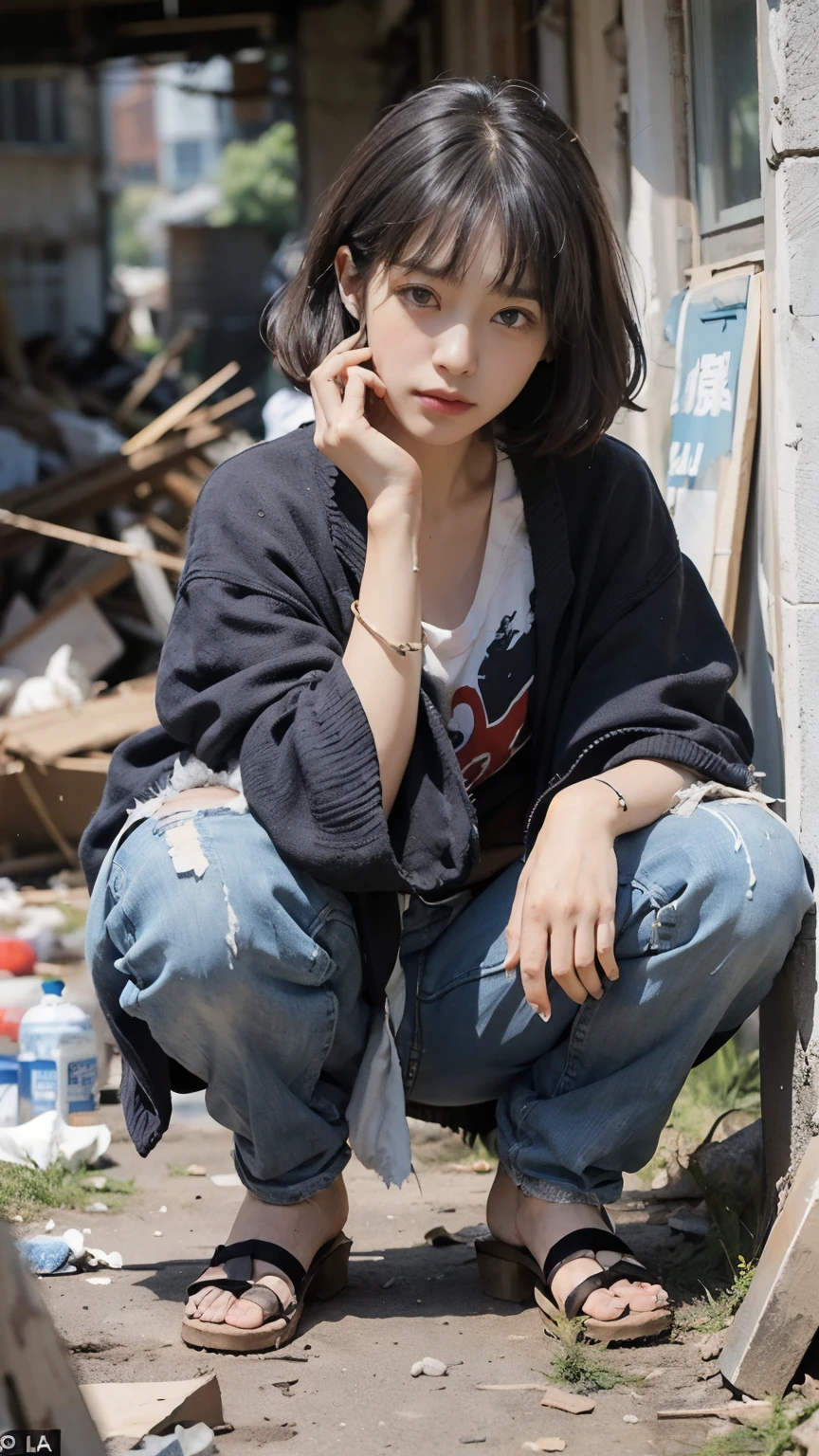 Bobcut,Showing palm with fingers outstretched,20-year-old,(((Homeless))),Bad complexion,Full of trash,Korean women,Pitch black,Tattered clothes,(((The collapsed room))),(((Garbage dump))),Crouching,((( in a destroyed city,Oil,Mud stains,shit,dirty))),(((Frowning,カメラをGlaring))),((((Rubble pile))),After the disaster,Very fine eye, junk,((Inside the barrack tent)),((refuge)),(((He&#39;s wearing a tattered and dirty black hoodie.,Wearing ripped pants))),(((Collapsing Building))),(((Tragic))),((photograph)),(((Fabric Shading))), (((highest quality))), (((masterpiece))) strong girl, ((((Realistic)))),,Black Hair, chic hairstyle, ((With bangs,ストレートミディアムBobcut, nice hair)), Light makeup,Red eyes, (((I&#39;m not wearing lipstick))), (nice, strong), (((Strong night atmosphere))), Centered Images, Looking at the camera, Elegant colors,Realistic Skin,Realistic texture,８k,whole body,Pale skin,Red iris,Expressionless,Glaring,Perfect Face,(((Big eyes))),Holding a blank board