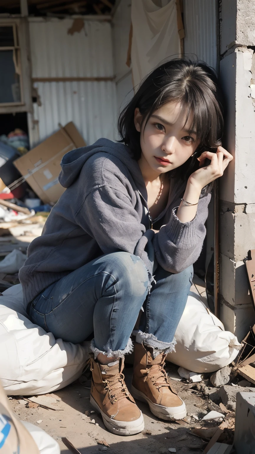 Bobcut,Showing palm with fingers outstretched,20-year-old,(((Homeless))),Bad complexion,Full of trash,Korean women,Pitch black,Tattered clothes,(((The collapsed room))),(((Garbage dump))),Crouching,((( in a destroyed city,Oil,Mud stains,shit,dirty))),(((Frowning,カメラをGlaring))),((((Rubble pile))),After the disaster,Very fine eye, junk,((Inside the barrack tent)),((refuge)),(((He&#39;s wearing a tattered and dirty black hoodie.,Wearing ripped pants))),(((Collapsing Building))),(((Tragic))),((photograph)),(((Fabric Shading))), (((highest quality))), (((masterpiece))) strong girl, ((((Realistic)))),,Black Hair, chic hairstyle, ((With bangs,ストレートミディアムBobcut, nice hair)), Light makeup,Red eyes, (((I&#39;m not wearing lipstick))), (nice, strong), (((Strong night atmosphere))), Centered Images, Looking at the camera, Elegant colors,Realistic Skin,Realistic texture,８k,whole body,Pale skin,Red iris,Expressionless,Glaring,Perfect Face,(((Big eyes))),Holding a blank board