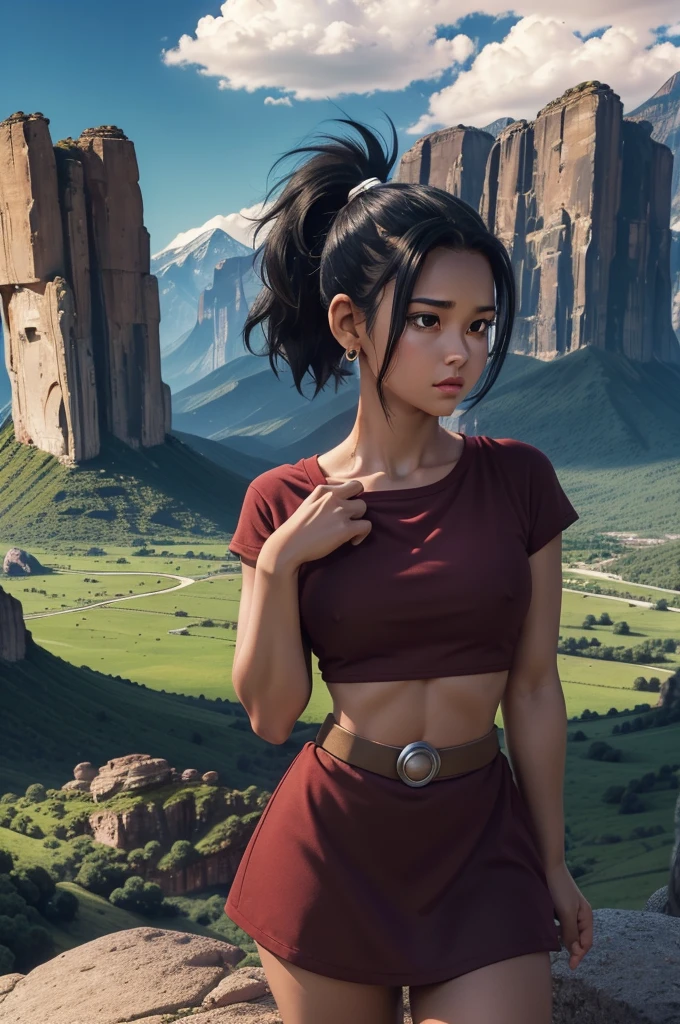 artwork, best quality, Kale, black eyes, ponytail, top cut, armband, red skirt, torso, standing, looking at viewer, nervous, green sky, mountains, rock formations, from above, close up Light brown girl, black hair, shy look, nsfw, heat, in love, looking at the viewer