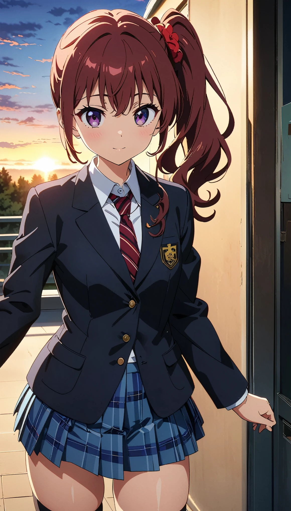 (highest quality:1.2, Anime artwork, Anime Style, Studio Anime, Very detailed, Latest, Vibrant, Anime Coloring, High Contrast, masterpiece:1.2, highest quality, Best aesthetics), blue plaid pleated skirt:1.5, Red tie:1.5, Black blazer, (Private School Uniforms), Beautiful thighs, Black knee-high socks, Side Ponytail, Perfect body line, Skin with attention to detail, cute, Detailed face, (((Random Pause))), at school, Accurate Fingers, evening, Illuminated by the setting sun, Soft lighting,