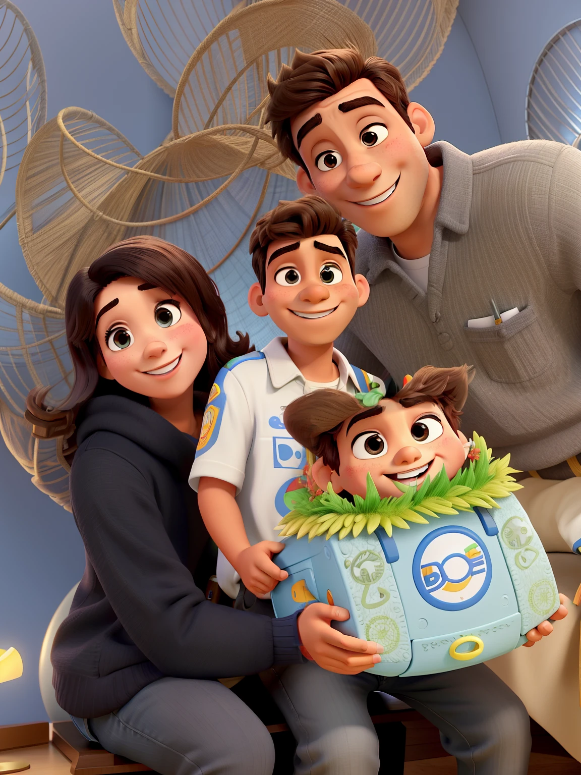 o homem muito mais jovem e bonito, a mulher e o garoto sorrido, com a qualidade pixar disney