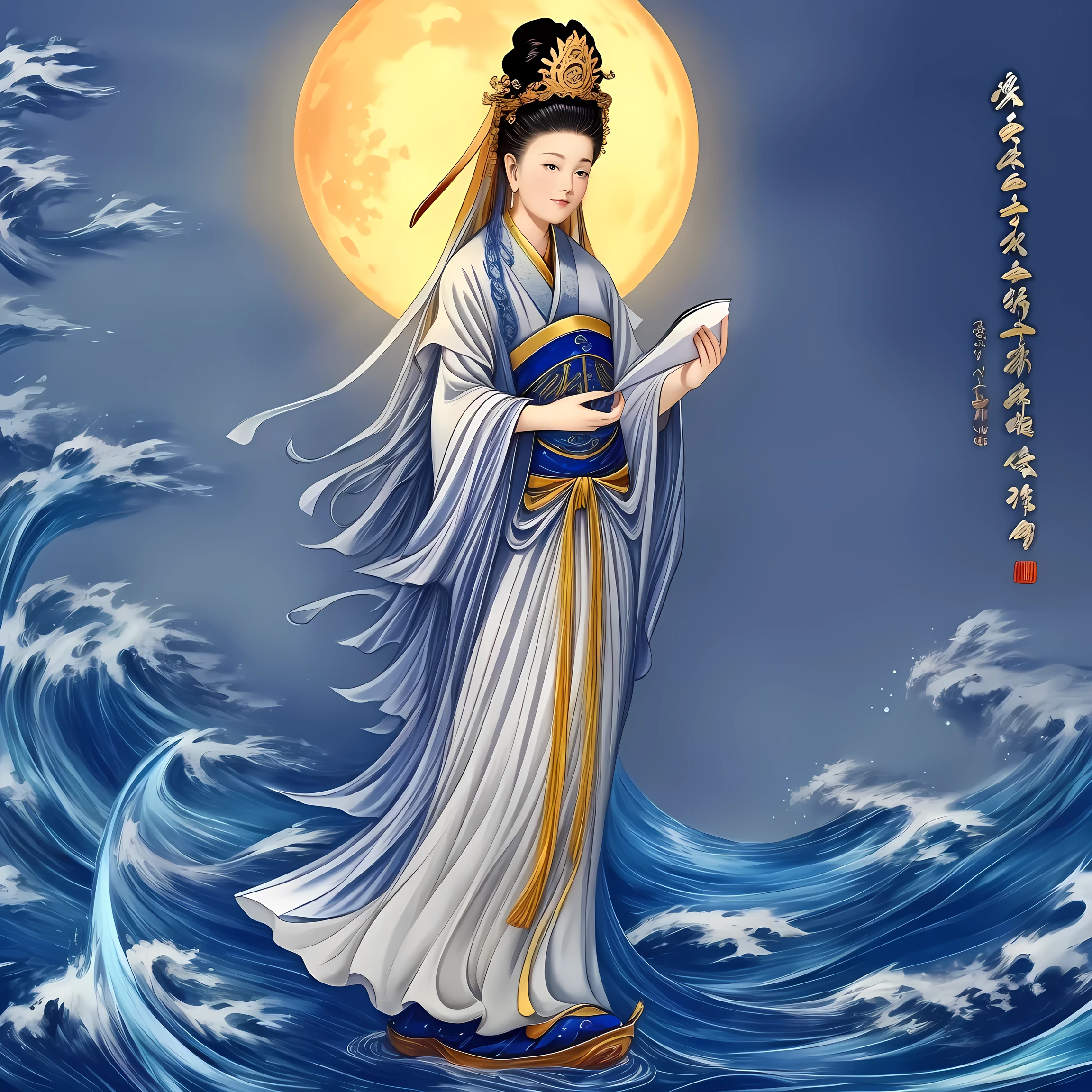 ((best quality)), ((masterpiece)),
((guanyin,1girl)),water, full moon,hanfu,dress,chinese clothes,(chinese text,  text focus,wall of text),