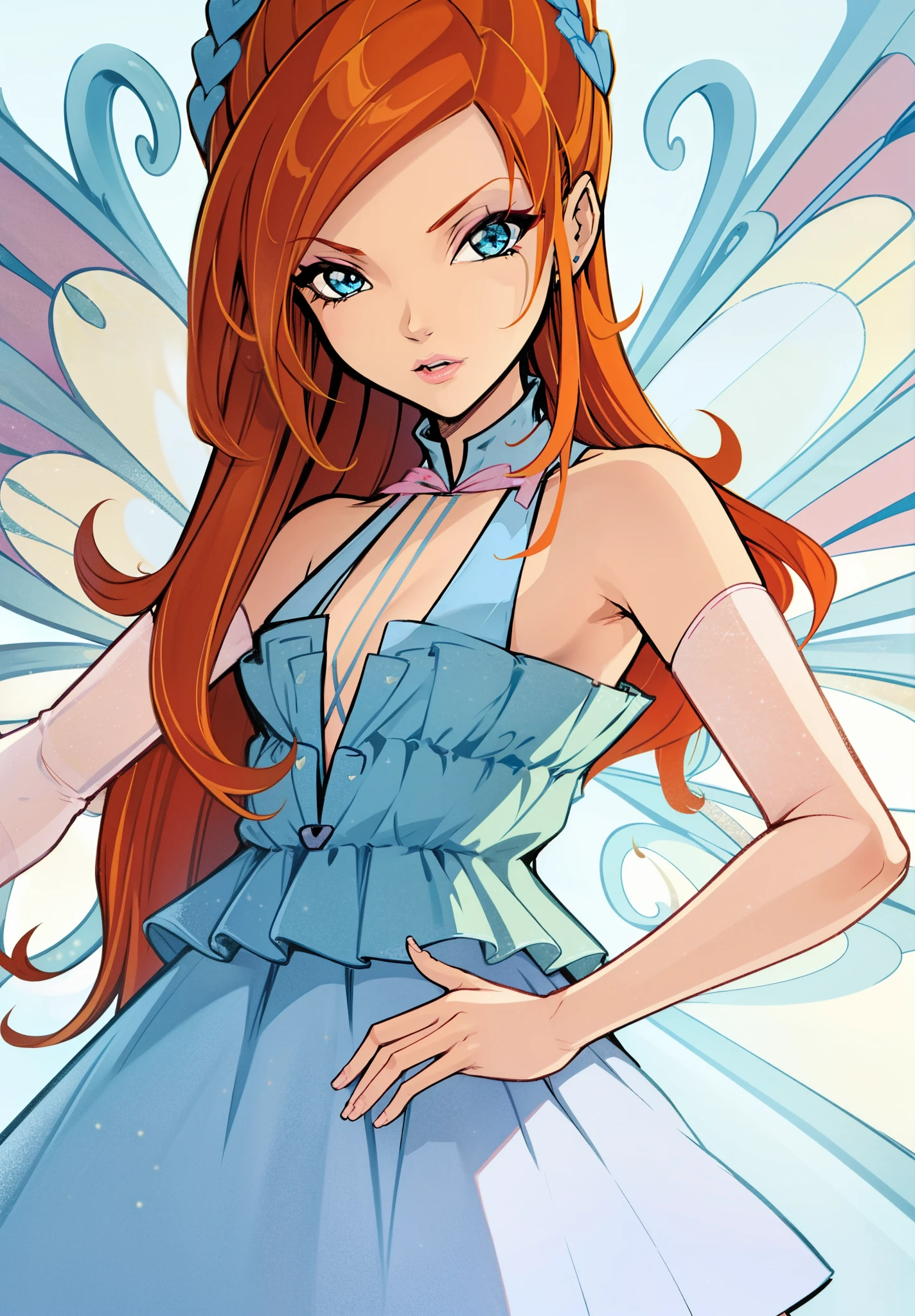 Tetsuya nomura, 1girl, bloom, blue eyes, orange hair, simple background, white background, solo, upper body, DRESS, FAIRY WINGS, ORANGE HAIR, BLUE EYES, SPARKLING OUTFIT