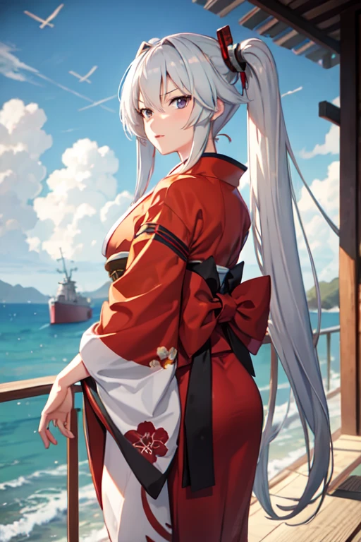 battleship Musashi as an anime girl, wearing kimono, with battleships nearby