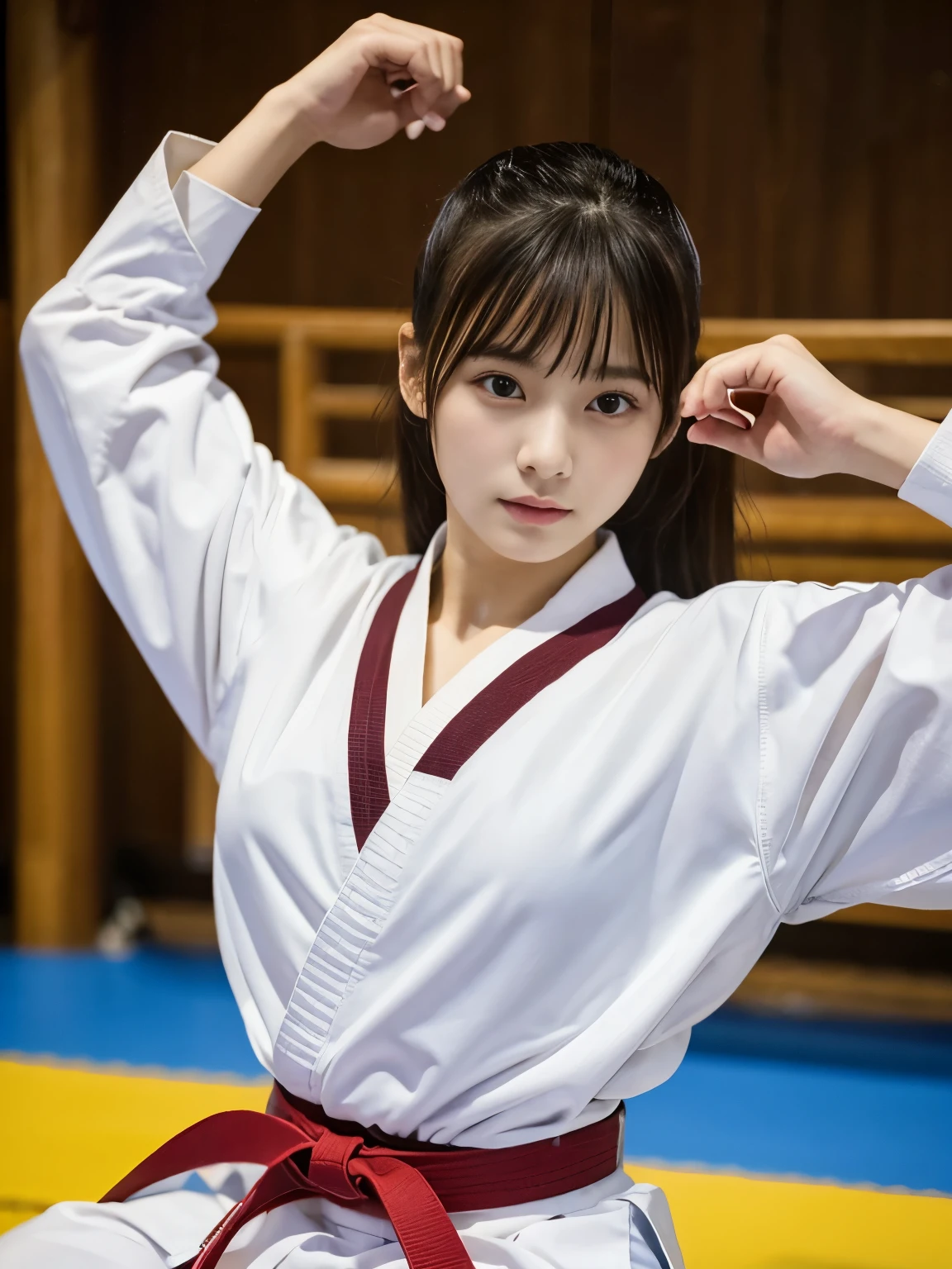 Best image quality,highest quality,masterpiece,4K,8k,highest quality,女性karate,in a karate道場 ring, Chudan Gyakutsu pose, karate, Young Japanese Woman, Japanese Girls,karateのUniform,Black belt,karate大会、whole body、Big Breasts、Uniform