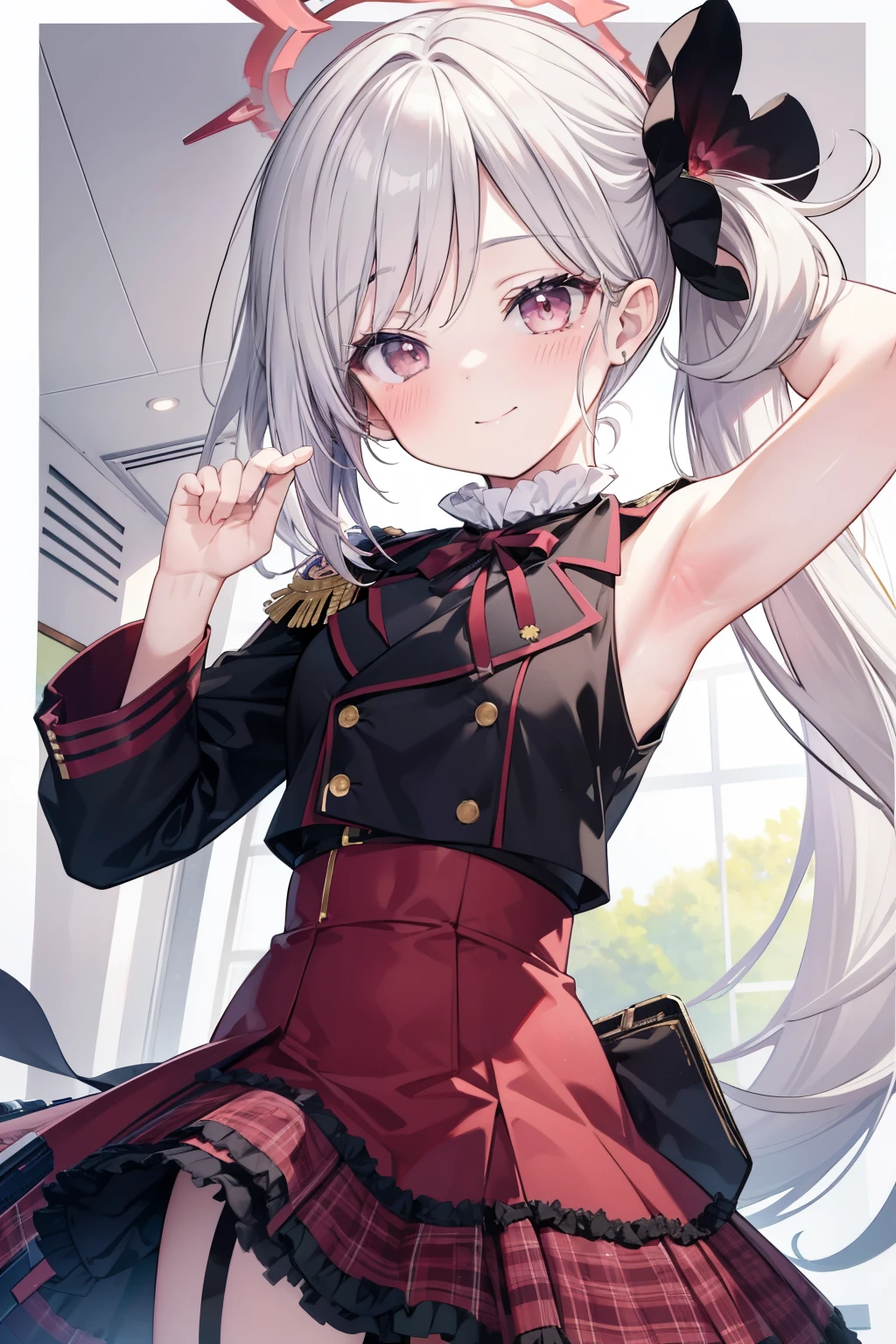 Asahi Mutsuki、Good looking girl (blush, Perfect Face), independent , Looking at the camera, masterpiece, Anime art style, Cute Characters, Most detailed, high quality、Nico Nico Smile、Show your armpits、Silver Hair、side ponytail、Small breasts、Lolita、Combat Uniform、gunを持っている、gun