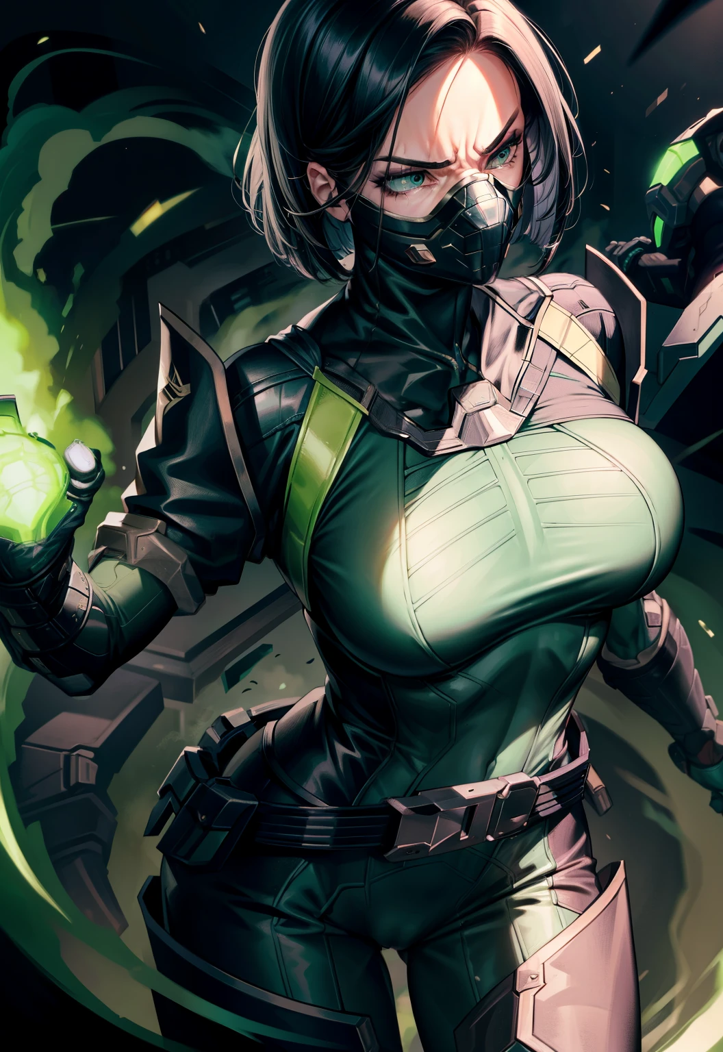 Masterpiece, Best quality,Look at the woman from below ,《Fearless viper》, tightsuit, mitts, belt, thigh boots, respirator, view the viewer, face, Portrait, Close-up, Glowing eyes, green smoke, Black background,huge tit,Raised chest,Close-up of chest,oversized ,chest focus,Woman in a swimsuit,angry look,Extremely erotic figure,Staring angrily at the screen,Facing the screen