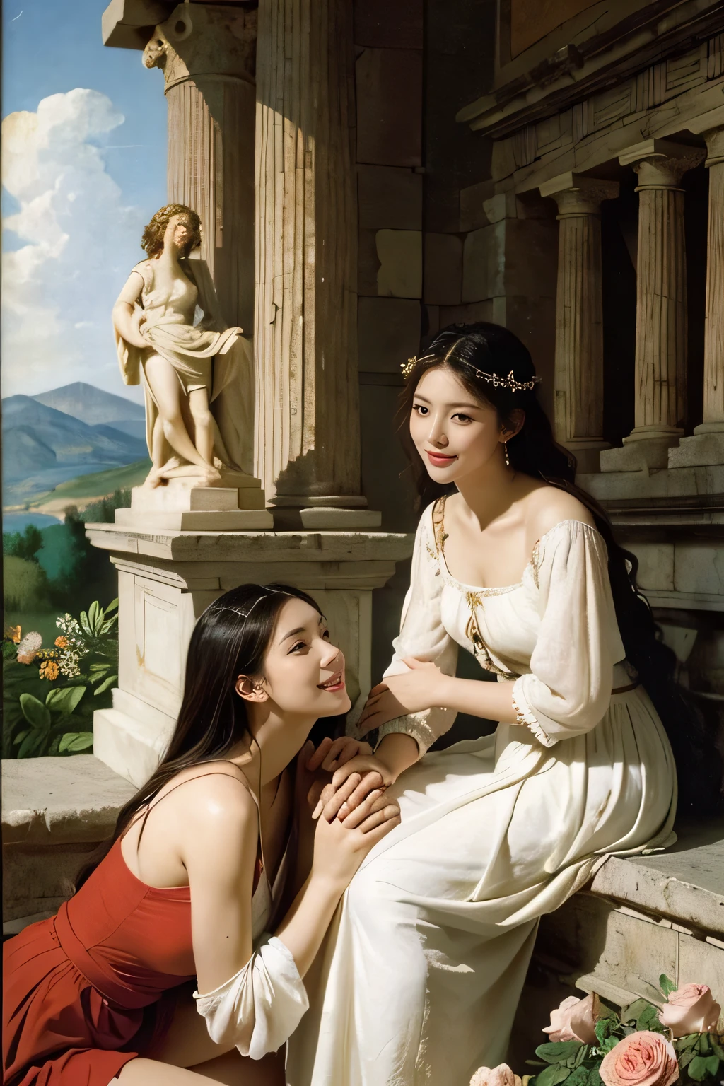 full body portrait or statue、Giorgione painting style,Arguments of two female Philosophe,math、astronomical machine、astronaut、roses in vase、fruits、Cute trinkets、smile、ancient greek costume、Ancient Roman landscape in the style of Nicolas Poussin,laughter,,Sweet and seductive appearance.、Caravaggio's paintings、Chiaroscuro of Caravaggio、hair tousled by the wind,Two women frolicking,cute smile, expression of ecstasy,Sexy,erotic,