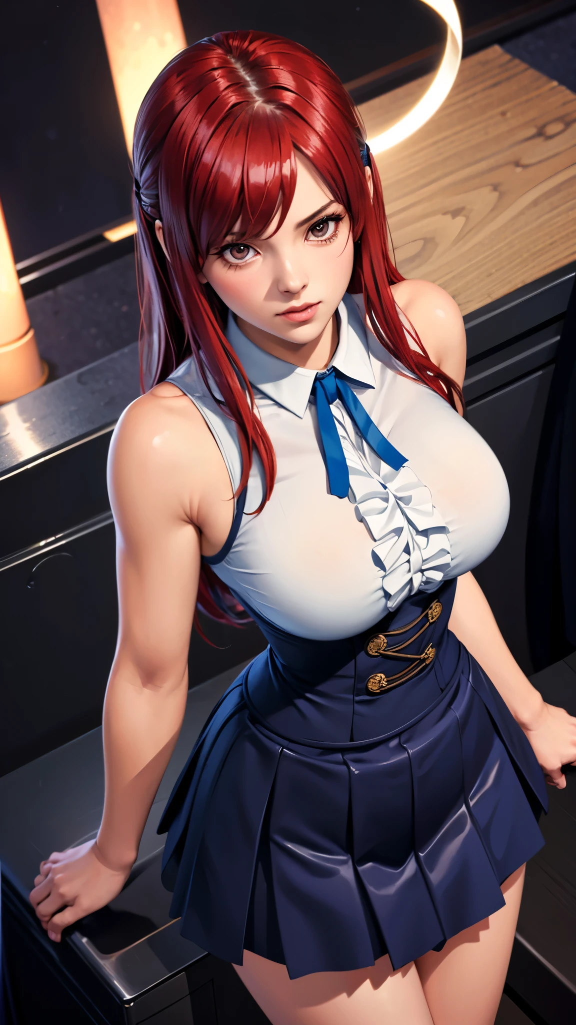 （（（完美figure，figure，solo， （（（neck ribbon, bare shoulders, white shirt, sleeveless, center frills, blue skirt, ））），（（（fairy tail, long hair, red hair, brown eyes, hair over one eye））），((masterpiece)),high resolution, ((Best quality at best))，masterpiece，quality，Best quality，（（（ Exquisite facial features，Looking at the audience,There is light in the eyes，(（（lol，confidence））)，））），型figure:1.7））），（（（Light and shadow，Huge breasts））），（（（Looking at the camera，black background，from above，Overlooking）））