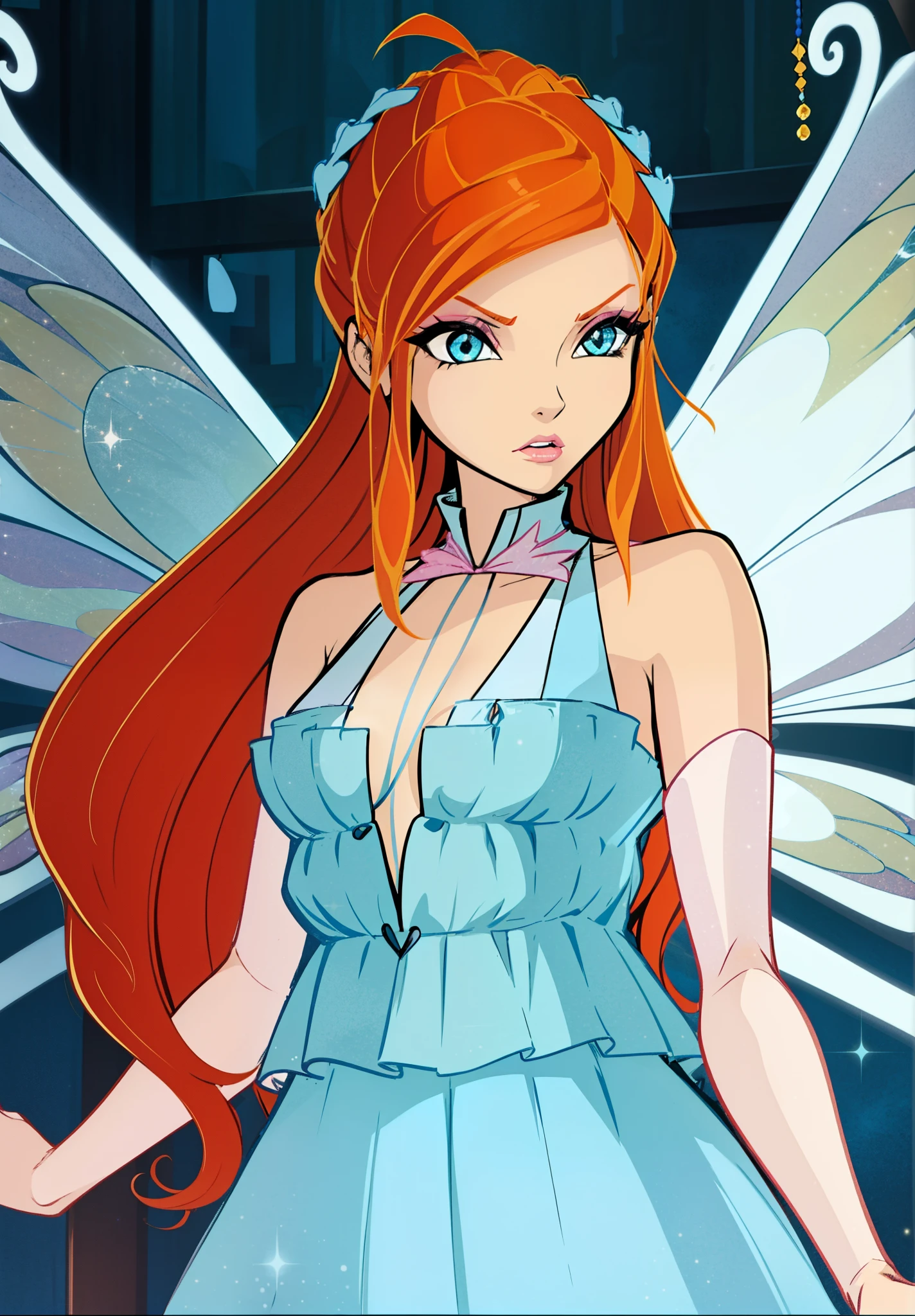 Tetsuya nomura, 1girl, bloom, blue eyes, orange hair, simple background, white background, solo, upper body, DRESS, FAIRY WINGS, ORANGE HAIR, BLUE EYES, SPARKLING OUTFIT