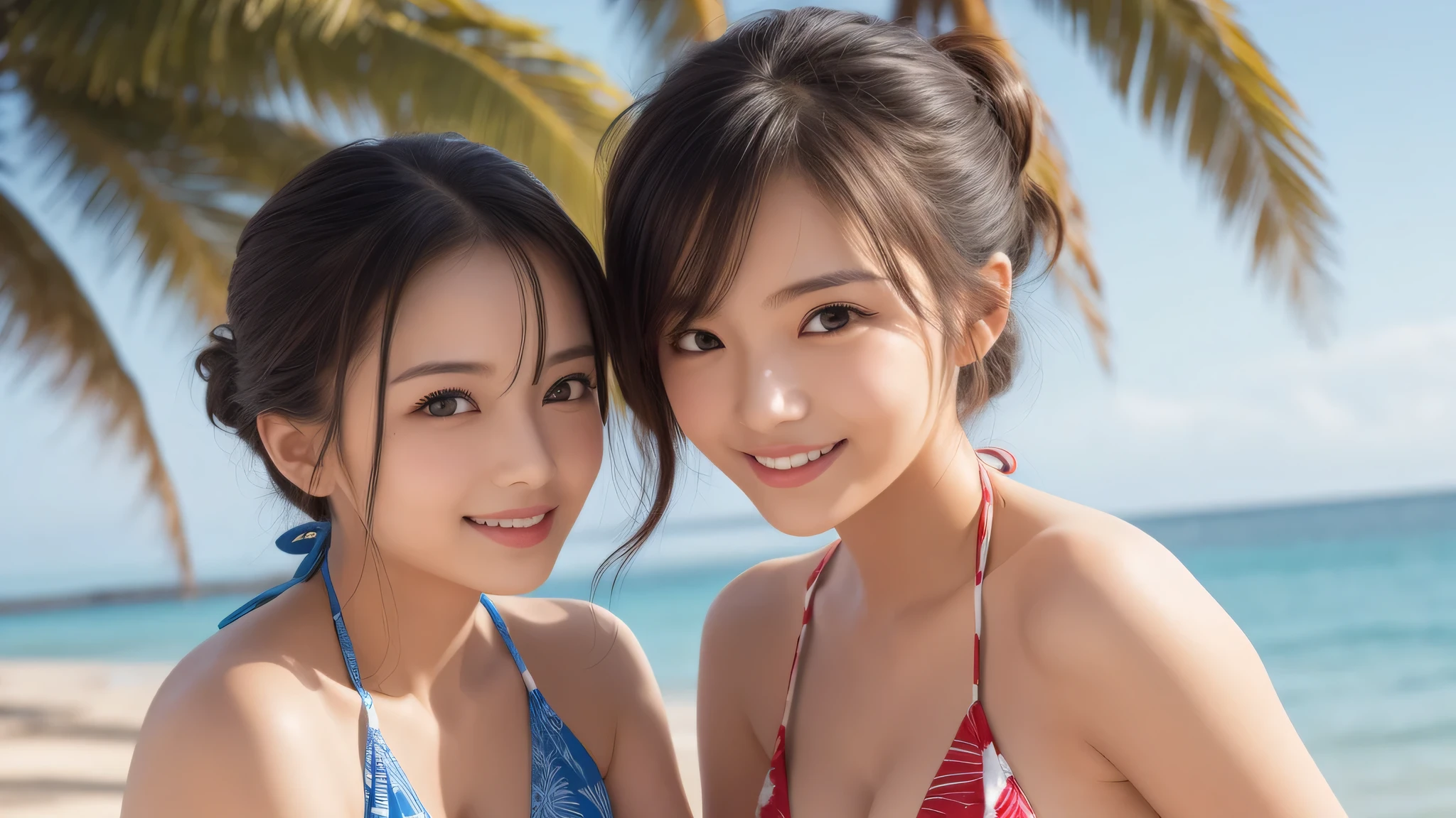 (2girl), (happy smile:1.2), (Hair style with all hair up:1.2), (patterned bikini:1.2), (cleavage), (Best Quality:1.4), (Ultra-detailed), (extremely detailed beautiful face), brown eyes, (highly detailed Beautiful face), (extremely detailed CG unified 8k wallpaper), Highly detailed, High-definition raw color photos, Professional Photography, Realistic portrait, evening, Extremely high resolution, beach, Palm tree, standing, (focus on face), cute face detailed