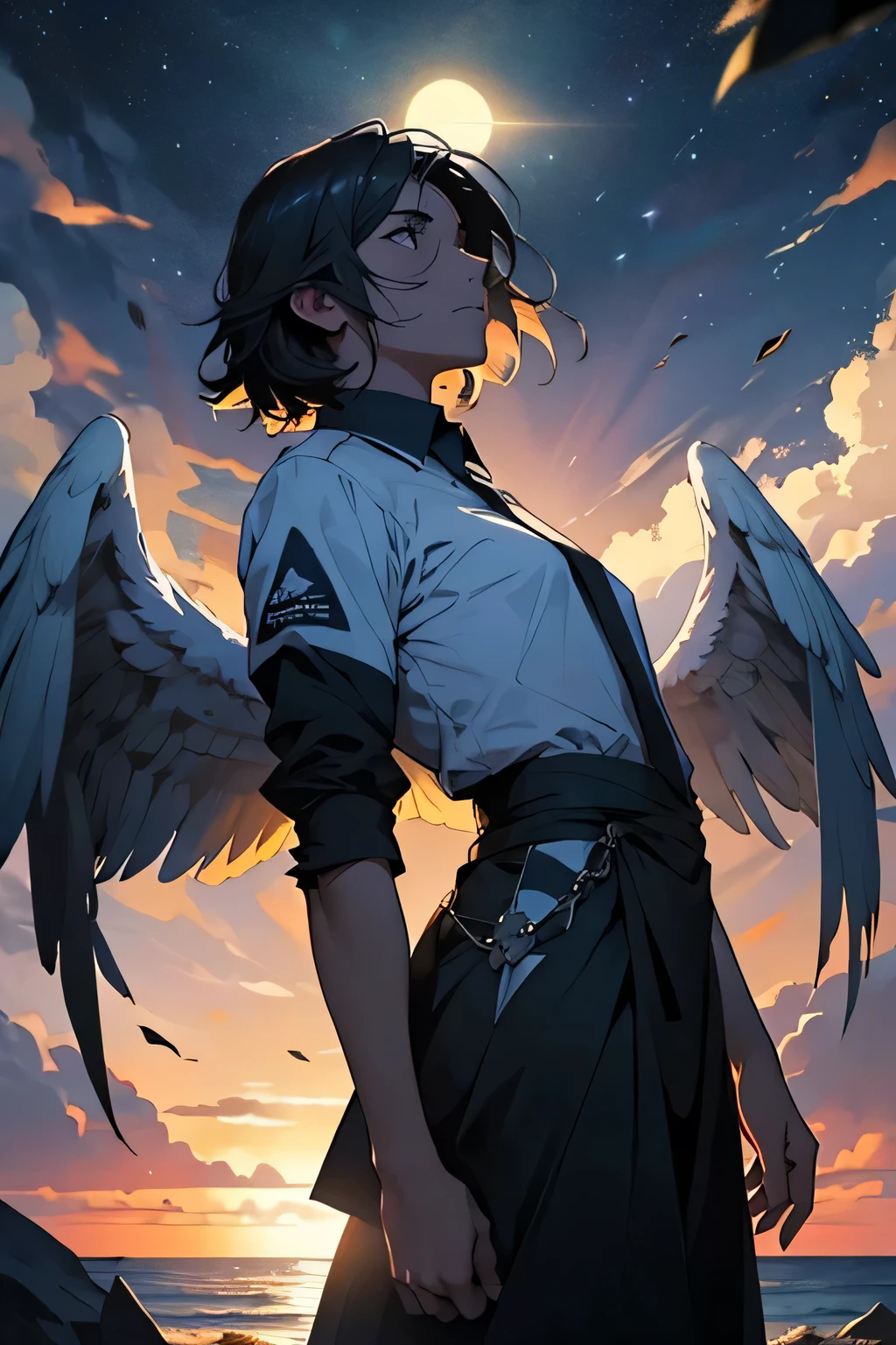 Angel with torn wings descending towards the horizon.
Suave resplandor del amanecer iluminando el cielo.
Expression of melancholy and determination on the angel's face.
Contraste entre la oscuridad de la noche que se desvanece y la luz del amanecer que emerge.
El sol asomando en el horizonte, simbolizando la esperanza de un nuevo comienzo.
En 3ra persona.