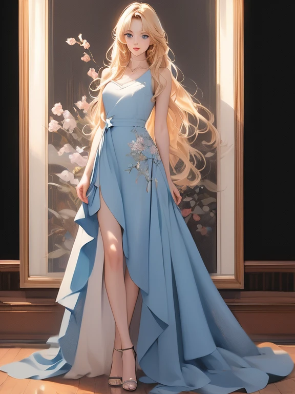 Has long blonde hair、Incredibly beautiful young femme fatale, Long Bangs, blue eyes, Wear a light summer dress. Romance. masterpiece. Full body image. Detailed drawing of the face. masterpiece, Perfect drawing, Realistic painting, full body drawing, Detailed Study, 8k. Full body image, Realistic image, Dynamic Image, Detailed Images. Highly detailed illustration, 最高品質の真のmasterpiece, Carefully drawn. Anime Style.
