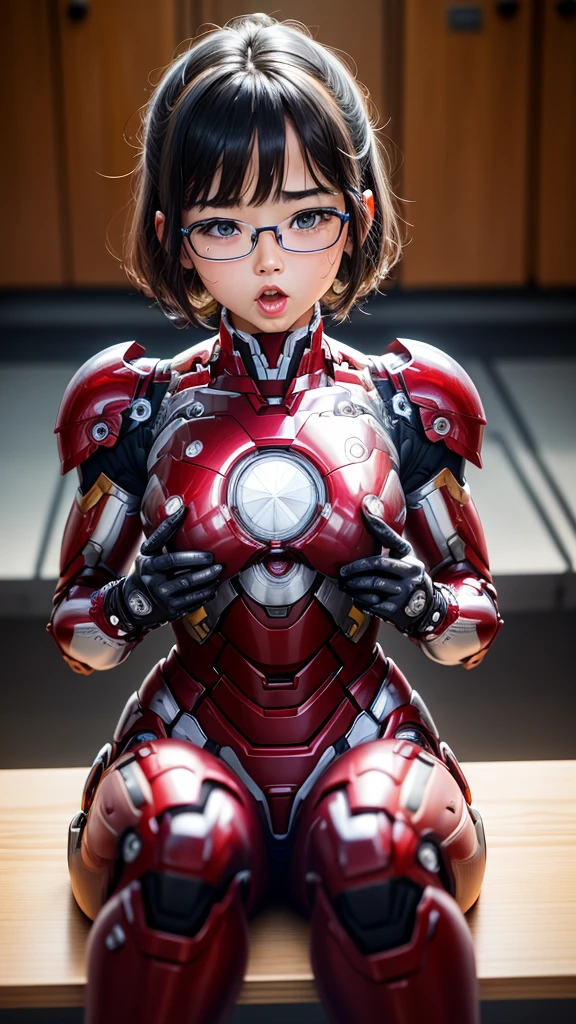 Highest quality　8k iron man armor、、、ergarteners、Eleml, Hyperrealism, Super Detail, high quality, Anatomically correct, 16K, High resolution, Textured skin、Chiquita、、Glasses、Sweaty、Red and Black　Spread your legs wide　I can see the vagina　Sit on a chair　Short Hair　Black Hair　Drooling from the mouth