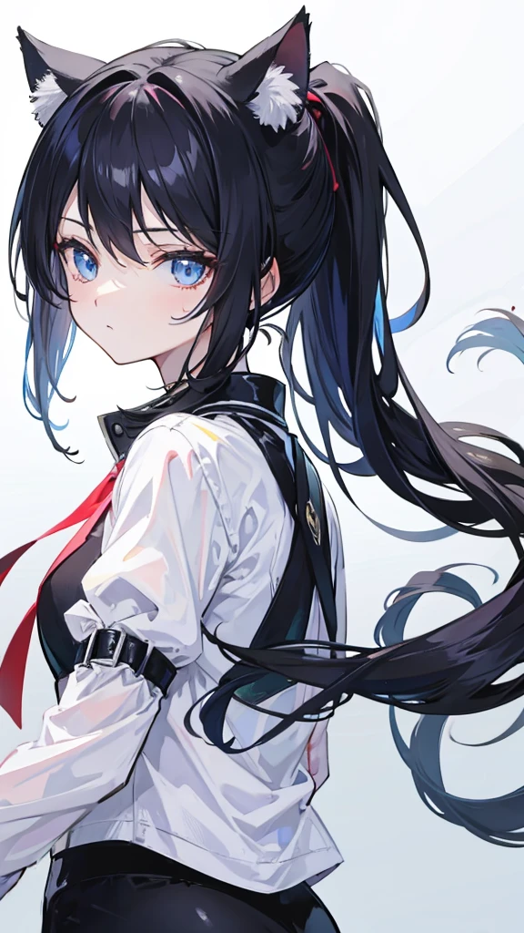 Ponytail,Black Hair,Cat ear,Light blue eyes,Cat'Tail,Black suit,Miss,Japanese cartoons,slim,Black pantyhose,Pants,glare,Awkward