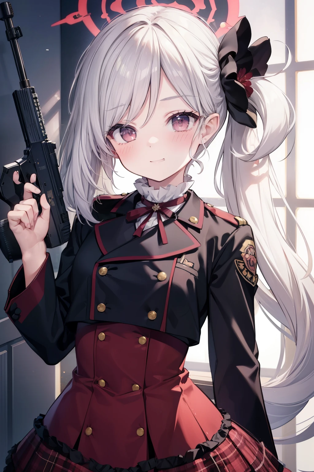 Asahi Mutsuki、Good looking girl (blush, Perfect Face), independent , Looking at the camera, masterpiece, Anime art style, Cute Characters, Most detailed, high quality、Nico Nico Smile、Silver Hair、side ponytail、Small breasts、Lolita、Combat Uniform、gunを持っている、gun