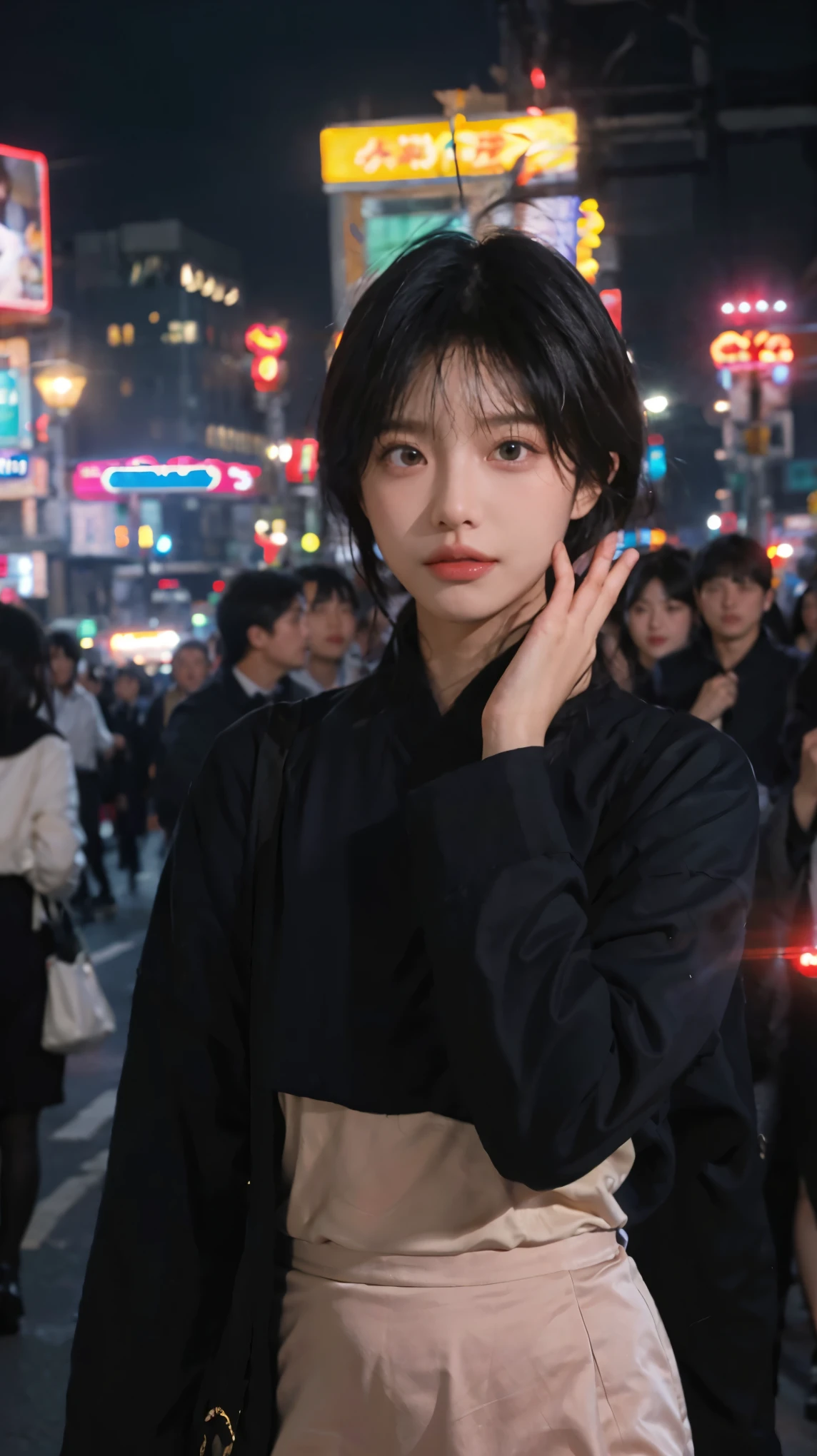 (8k, highest quality, masterpiece: 1.4), Super detailed, highest quality, Ultra-high resolution, Depth of written boundary,Ultra-Realistic Capture,(Very detailed,High definition 16K), Realistic eyes, Beautiful fine details, (Realistic Skin), Golden Ratio, Delicate eyes, cute, girl, short hair, Pink hair, Standing in the middle of the city, (Night lights:1.4), skyscraper, Face Light(illumination), In the heart of the city, Bustling, A glittering city, Neon Town, China Street, In the crowd, Miyuki, Heavenly Light