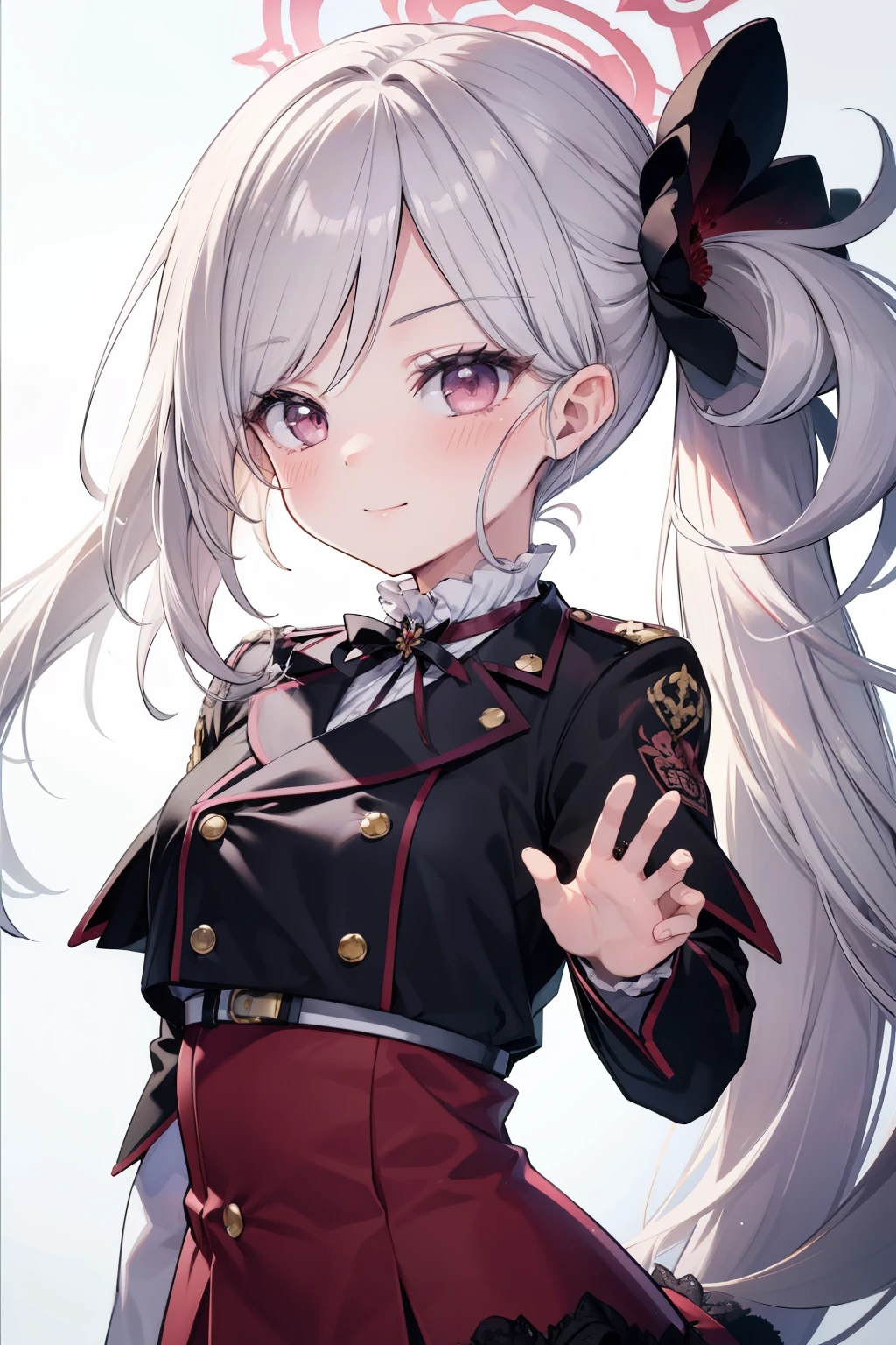 Asahi Mutsuki、Good looking girl (blush, Perfect Face), independent , Looking at the camera, masterpiece, Anime art style, Cute Characters, Most detailed, high quality、Nico Nico Smile、Silver Hair、side ponytail、Small breasts、Lolita、Combat Uniform、gunを持っている、gun