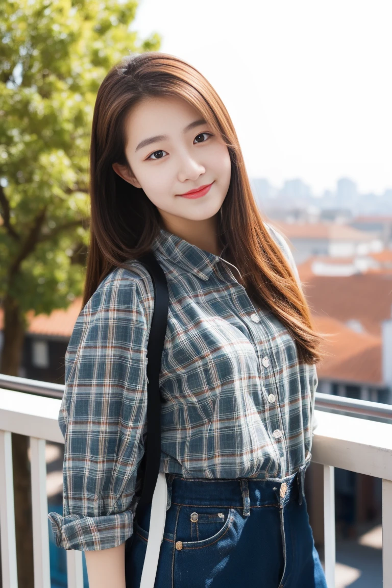 Best quality,masterpiece,Ultra-high resolution,original photo,avatar,Head photo,Simple background,Black eyes,detail,Selfie,1 girl,18 years old,Plaid clothes,breeze,Sunlight,balcony