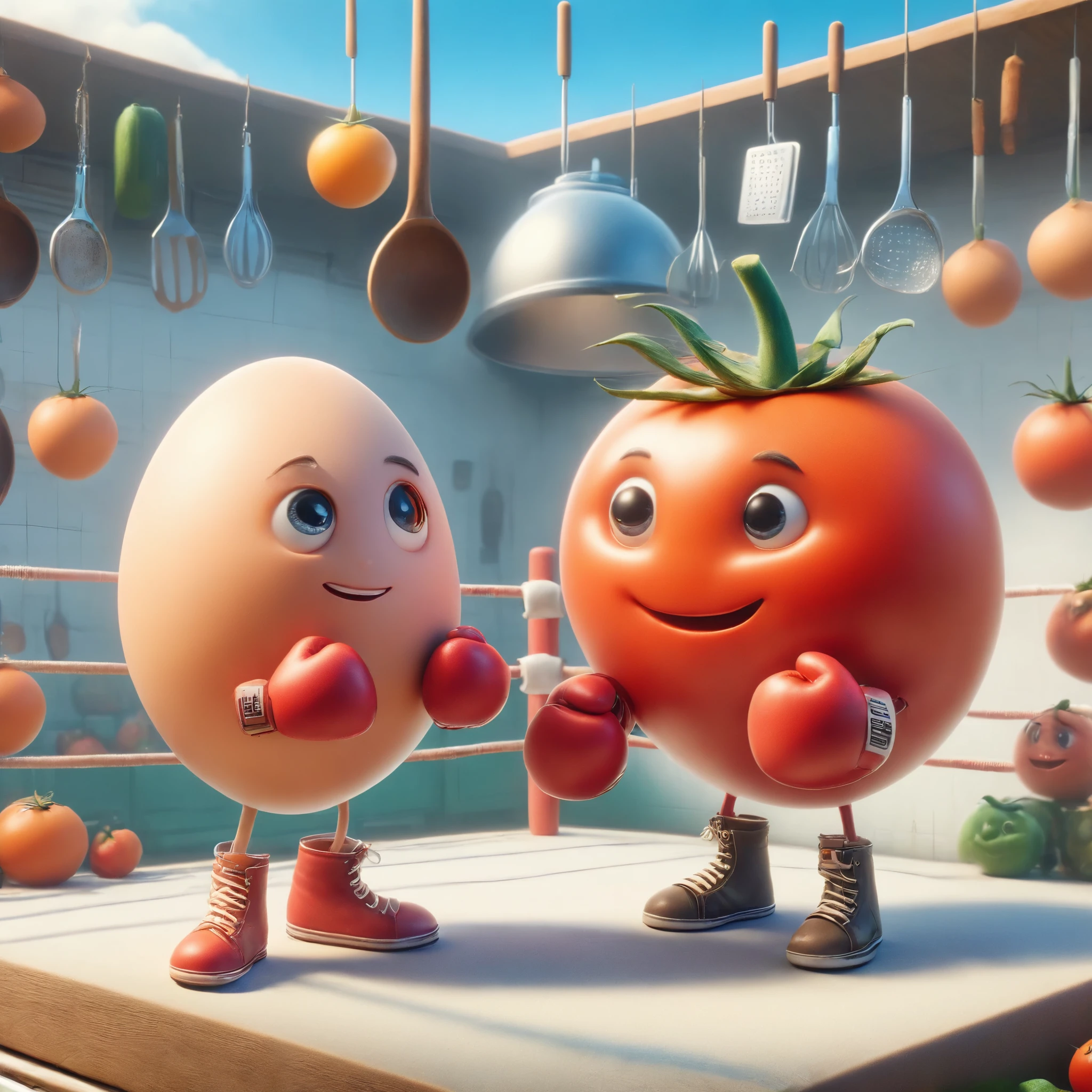 a whimsical kitchen-like boxing ring, a charming egg and a plump tomato are poised for a friendly boxing match. The egg has miniature gloves and a determined smile, while the tomato wears boxing gloves and its stem resembles a jaunty hat. The arena is decorated with hanging kitchen utensils and surrounded by an audience of various fruits and vegetables cheering excitedly. The scene is vibrant and cartoonish, with exaggerated expressions and movements, embodying a playful and innocent camaraderie between the characters. The setting is lively and animated, capturing a scene of unique friendship.