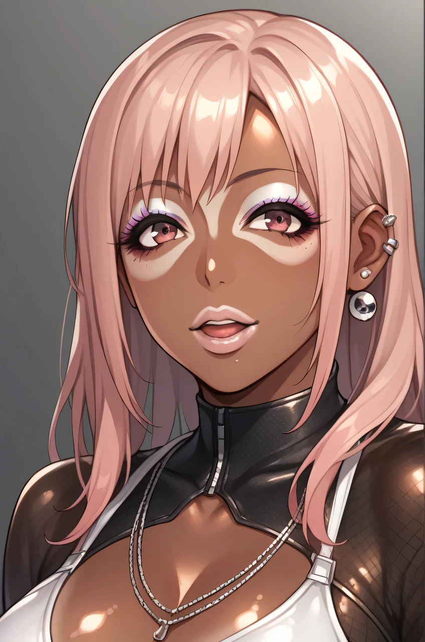 Score_9, score_8_up, score_7_up, score_6_up, score_5_up, score_4_up, source_anime, solo, 1girl, mature female, honoka_\(DOA\), long eyelashes, Ganguro, dark skin, dark-skinned female, white makeup, eyeshadow, piercings, tanned skin, shiny skin, metallic tan,